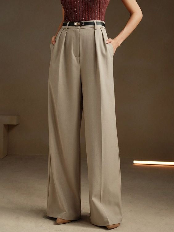 Premium Khaki Pleated Wide Leg Trouser