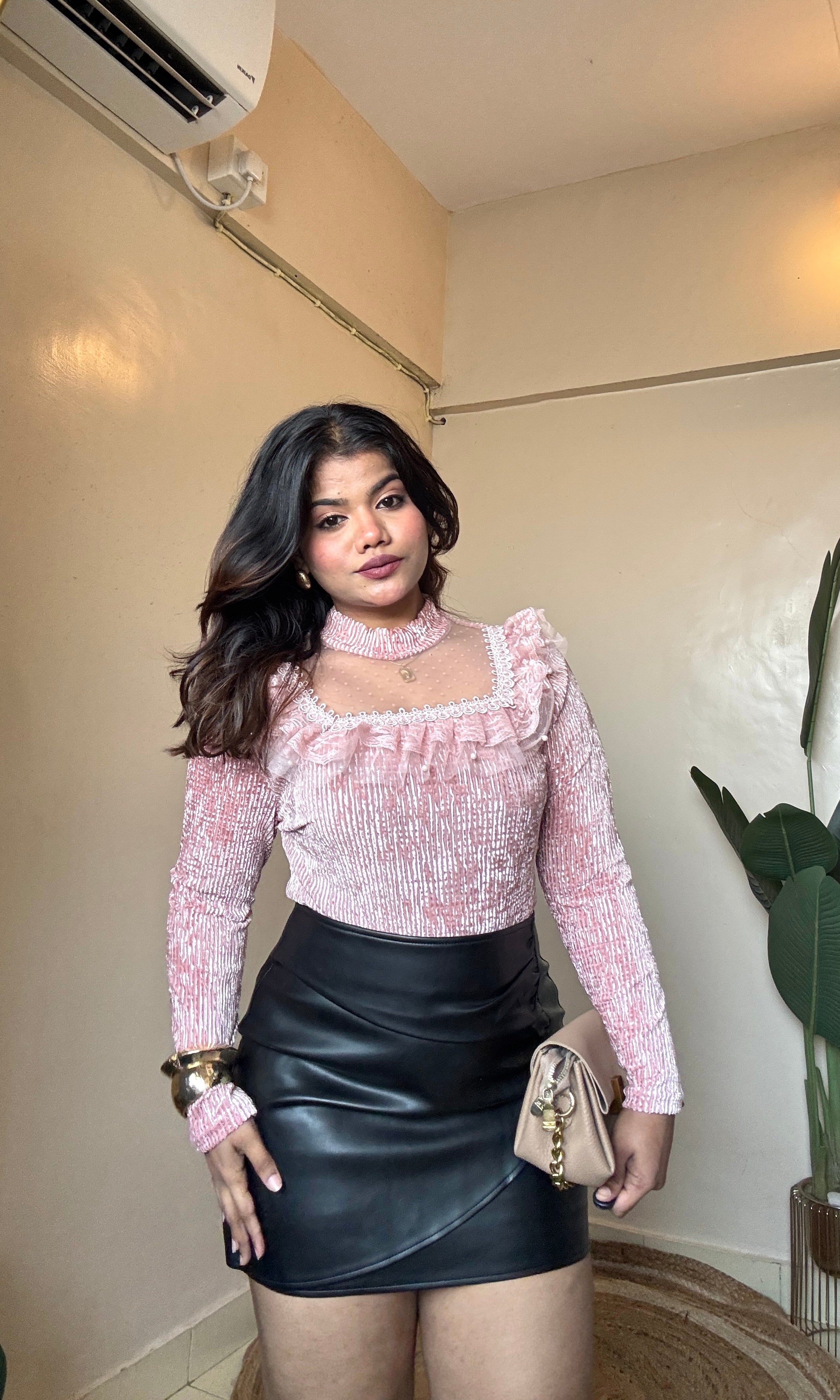 Velvet Square Neck Mesh-Ruffle Detailing Top