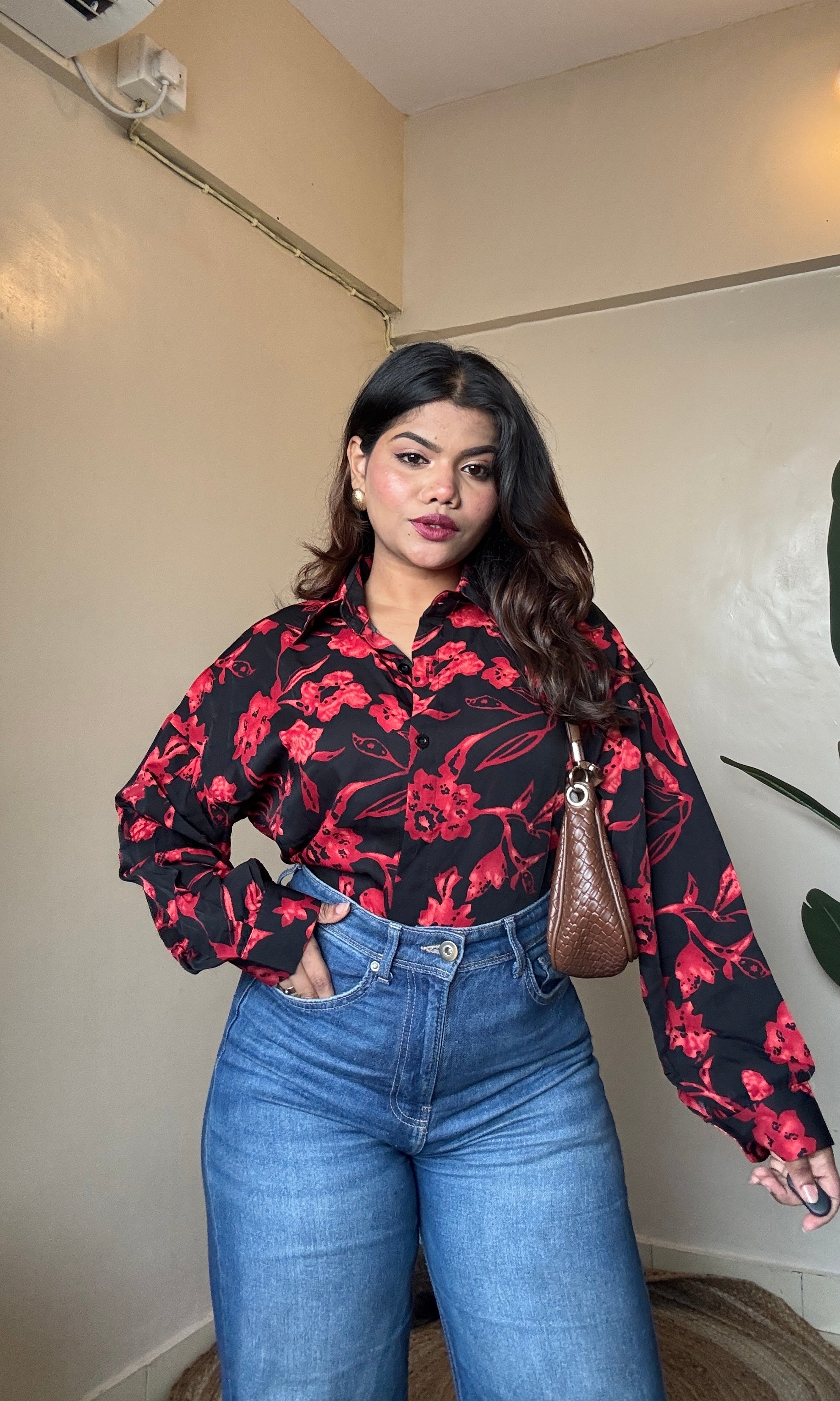 Black Red Floral Printed Imported Shirt
