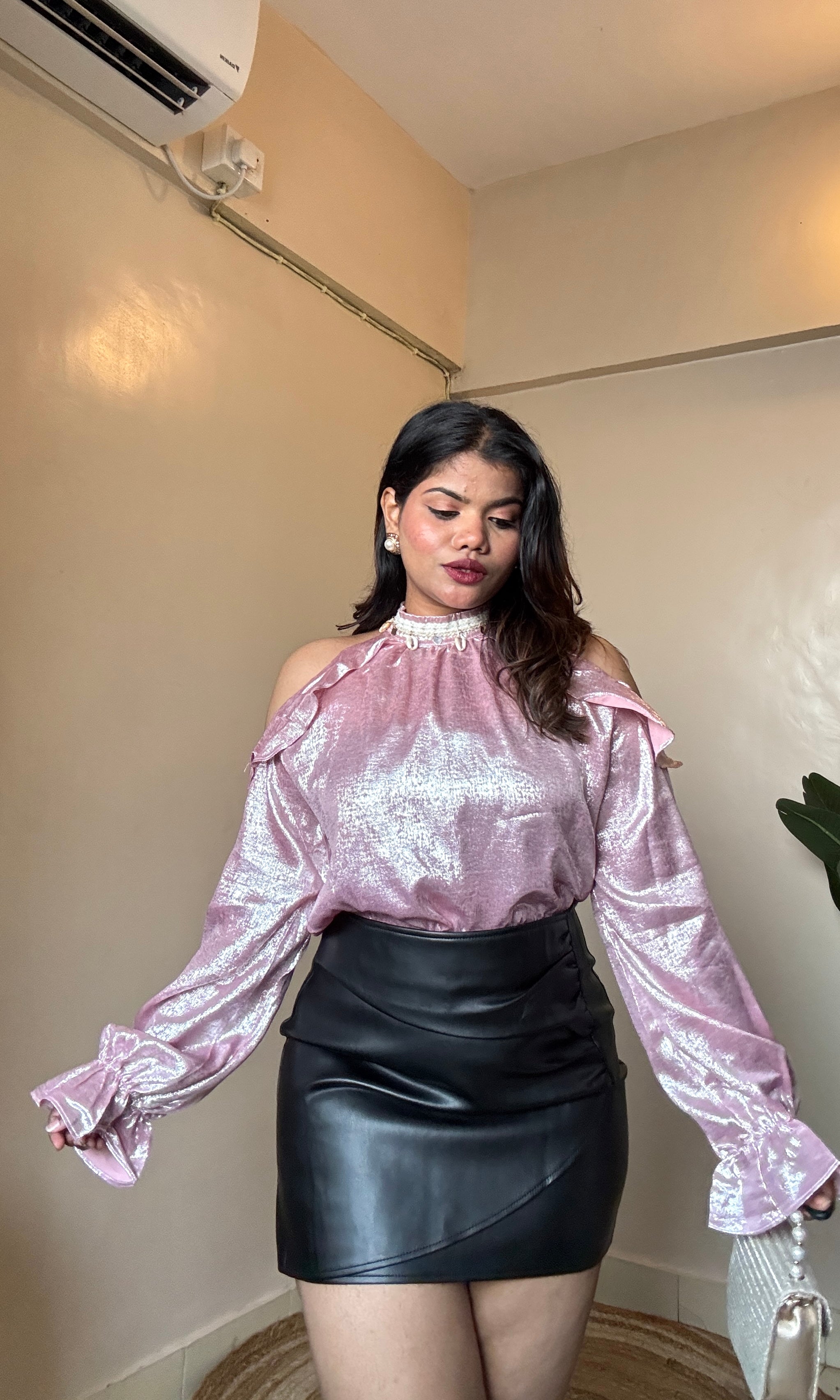 Frill Open-Shoulder Metallic Blouse Top