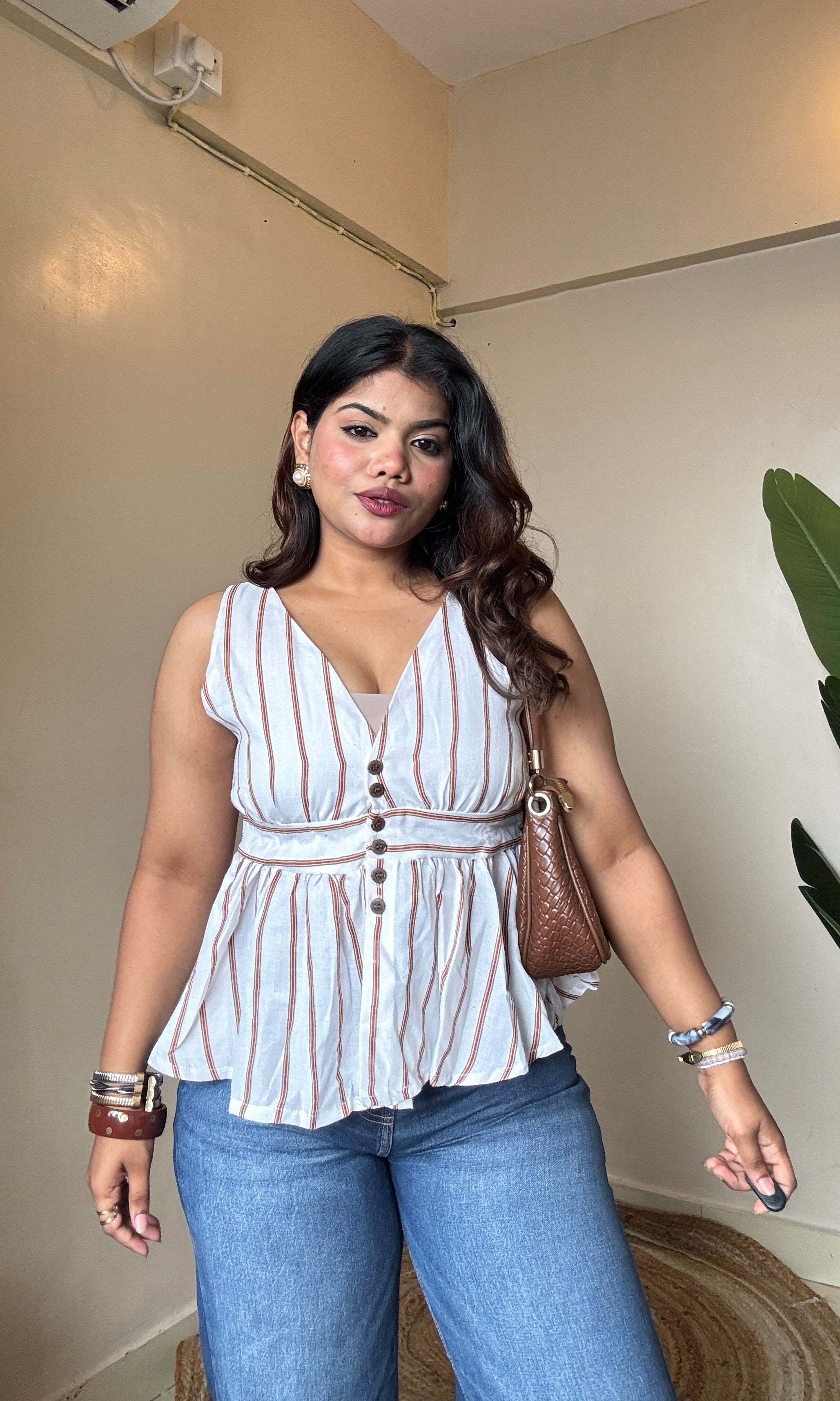 Stripe Peplum V Neck Top