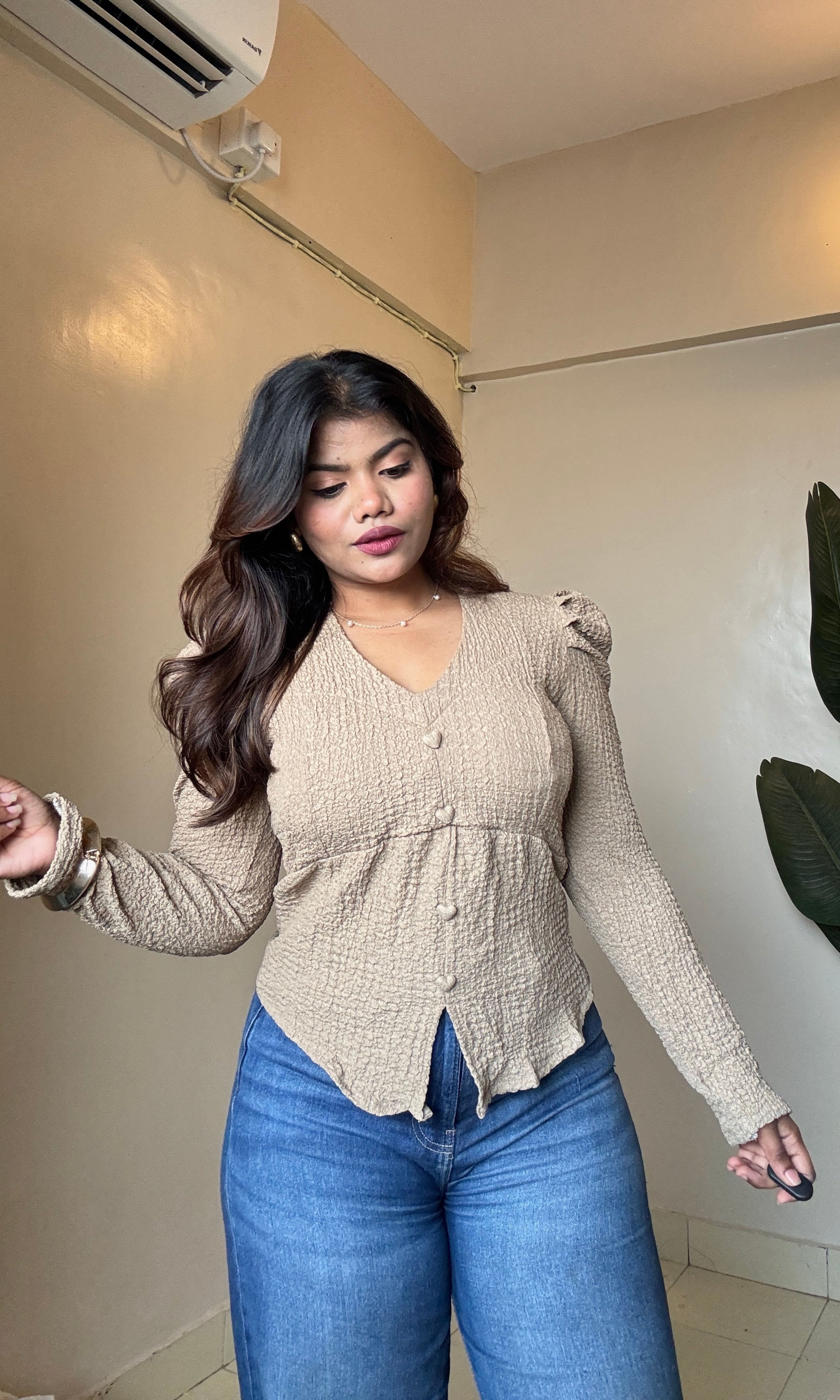 Textured V Neck Puff Sleeve Top