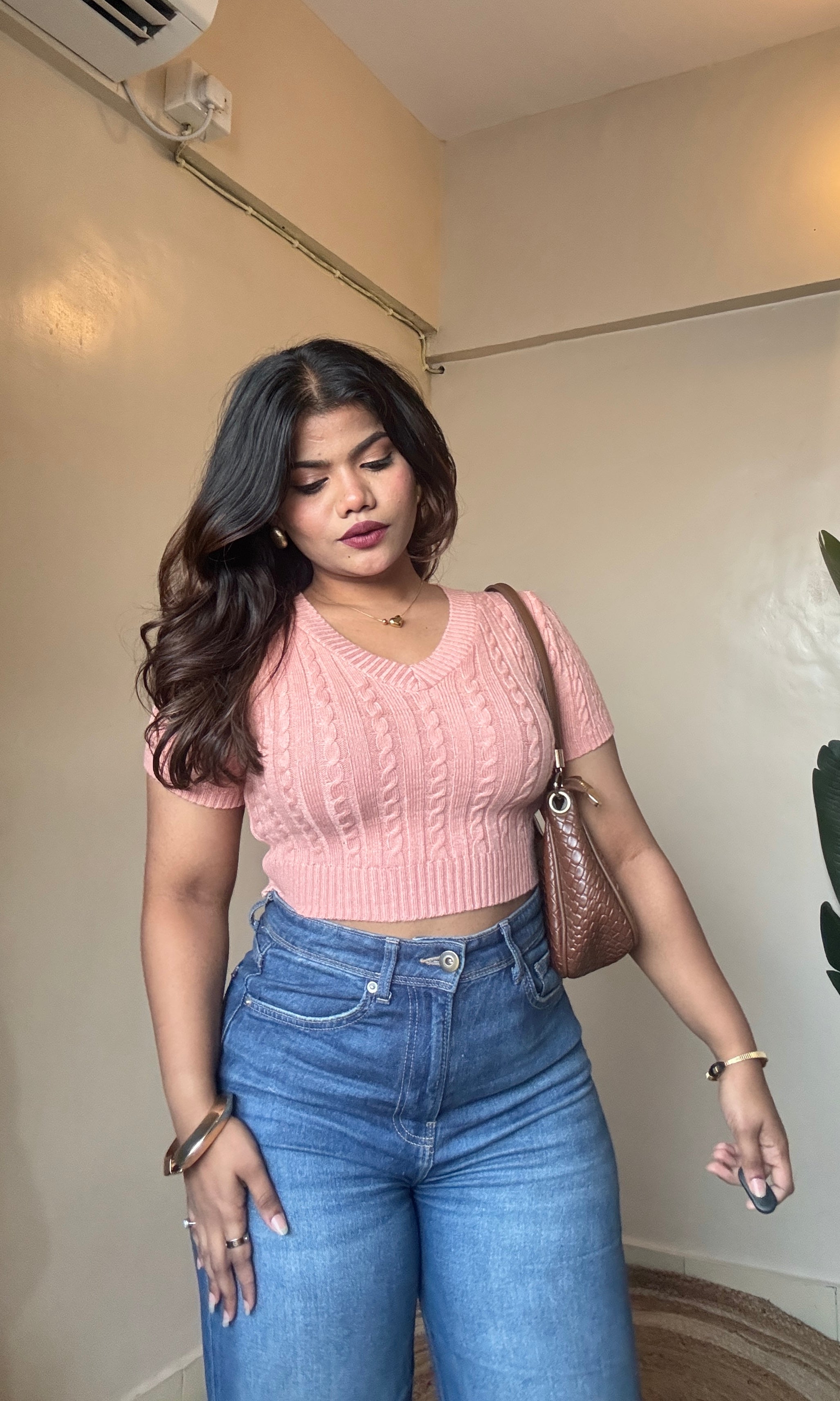 V Neck Cable-Knit Crop Top