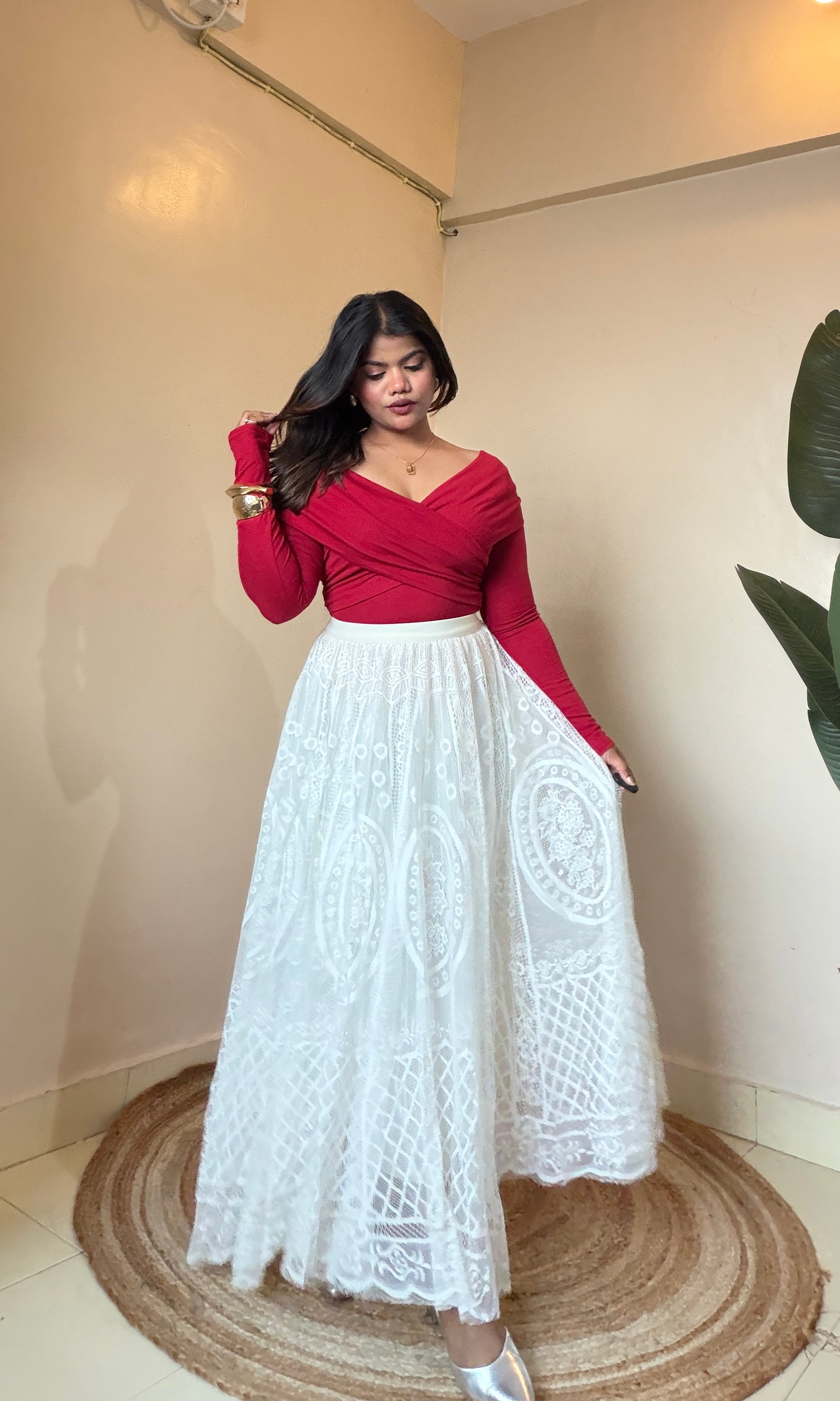 Ivory White Statement Lace Skirt