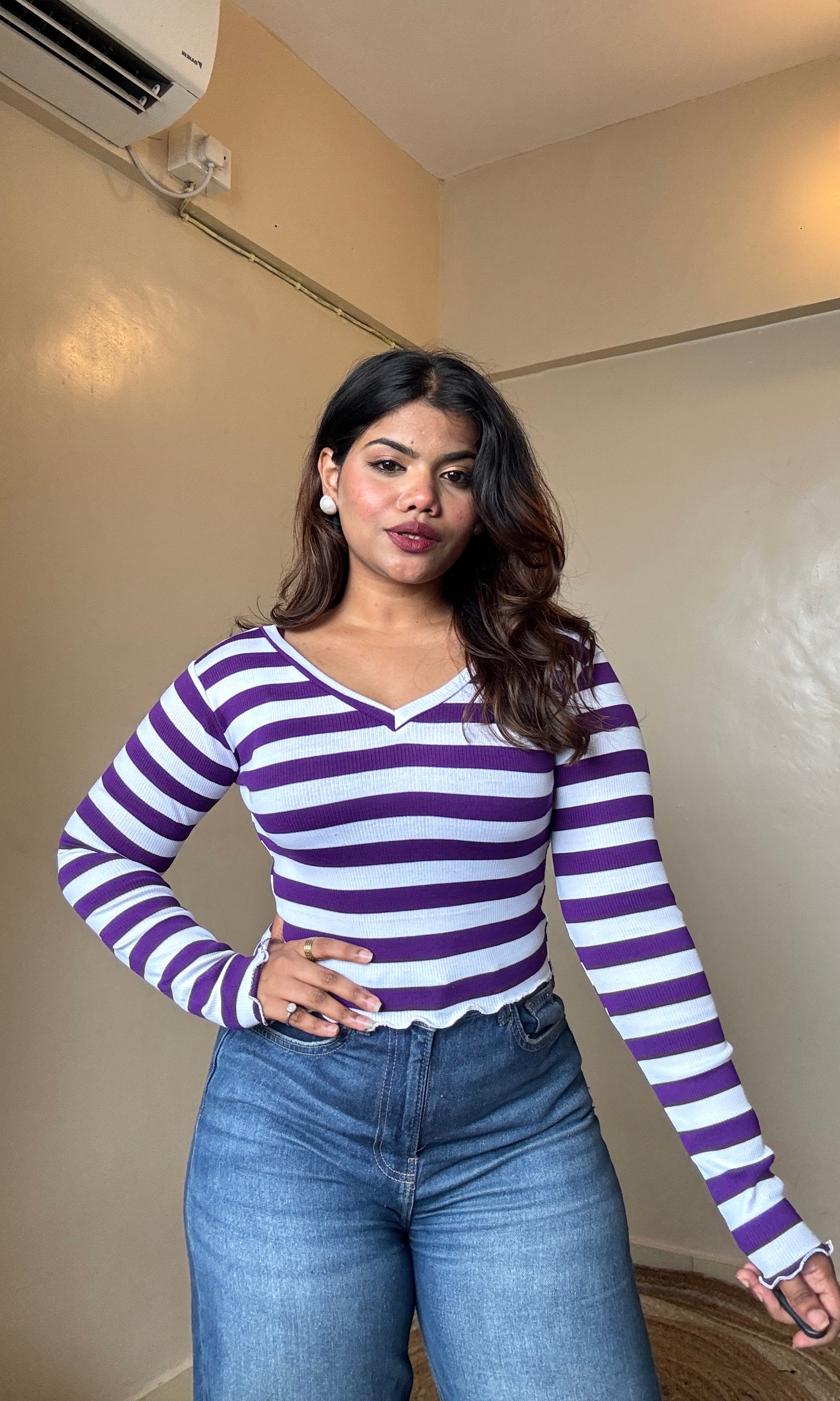 V Neck Striped Crop Top