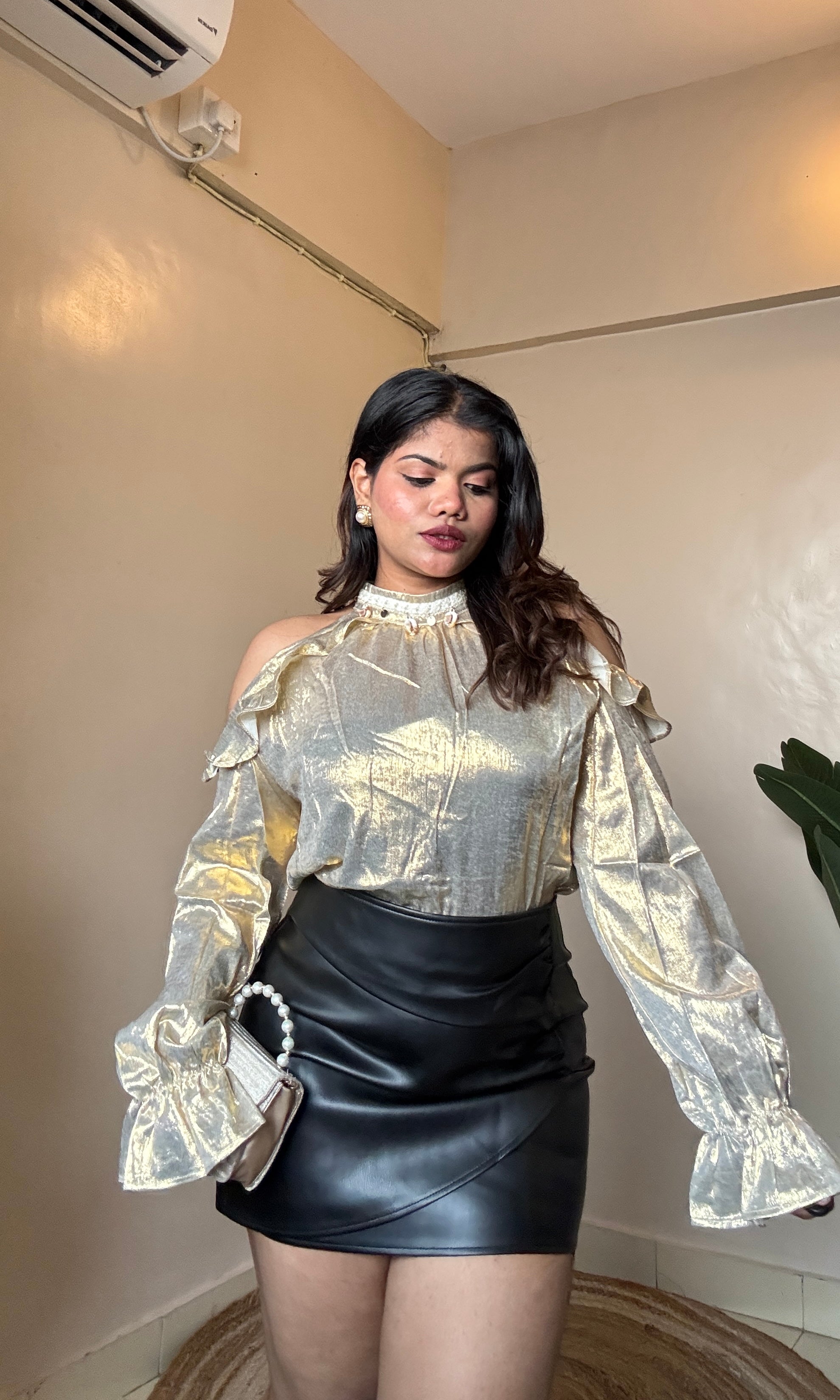 Frill Open-Shoulder Metallic Blouse Top