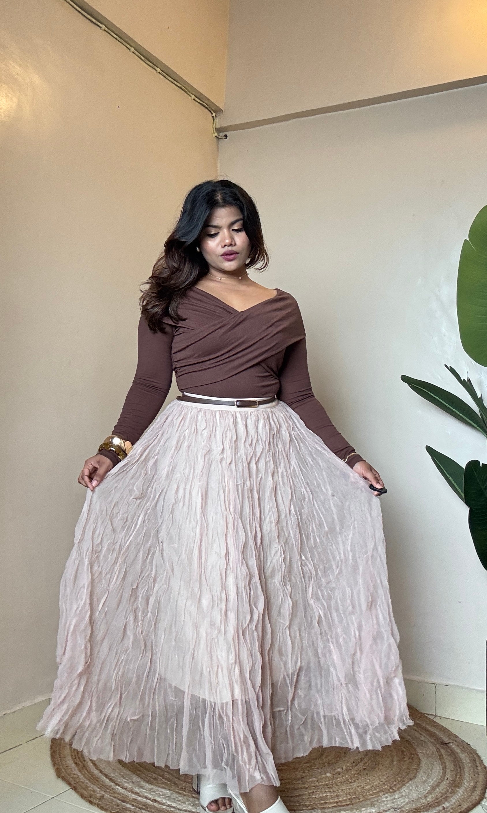 Cream Mesh Frill Skirt