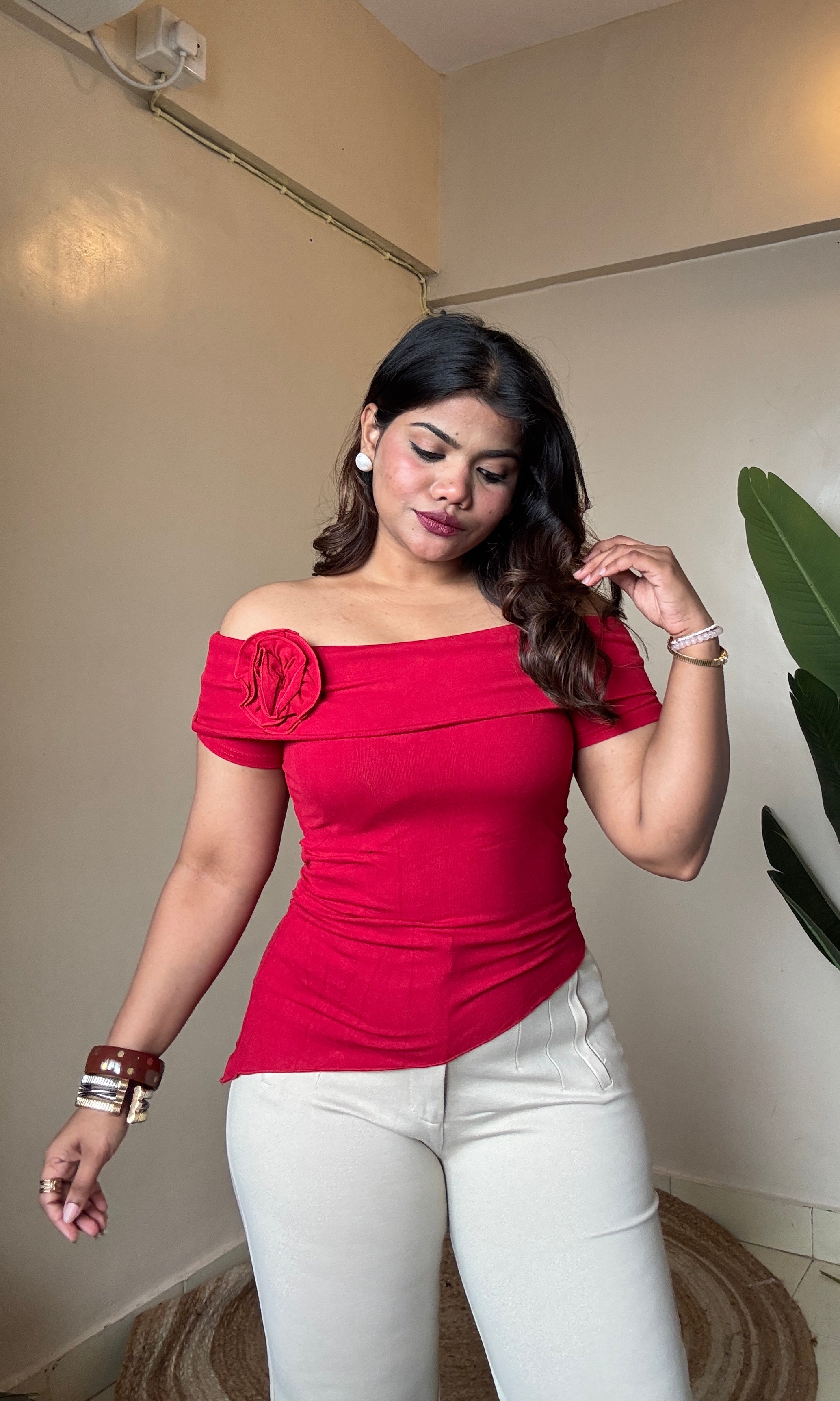 Off-Shoulder Asymmetrical Top With Flower Broch