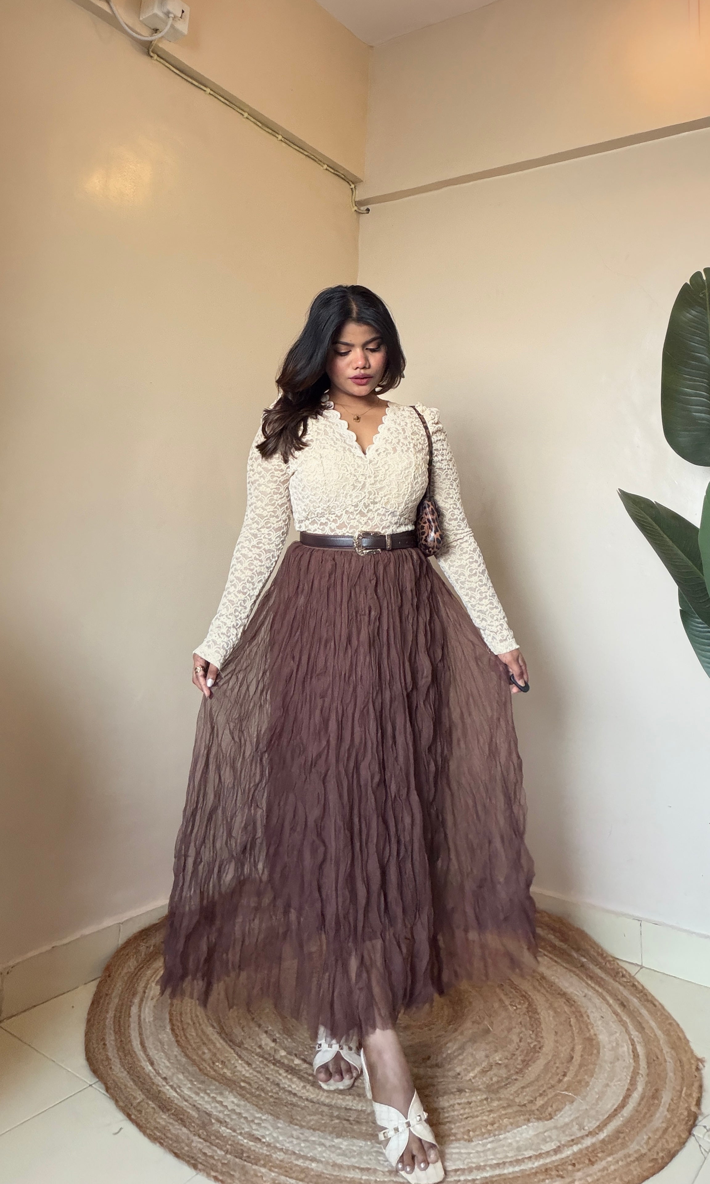 Brown Mesh Frill Skirt
