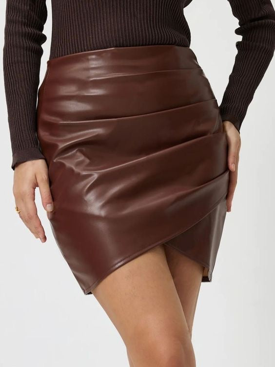 Brown Ruched Leather Skirt
