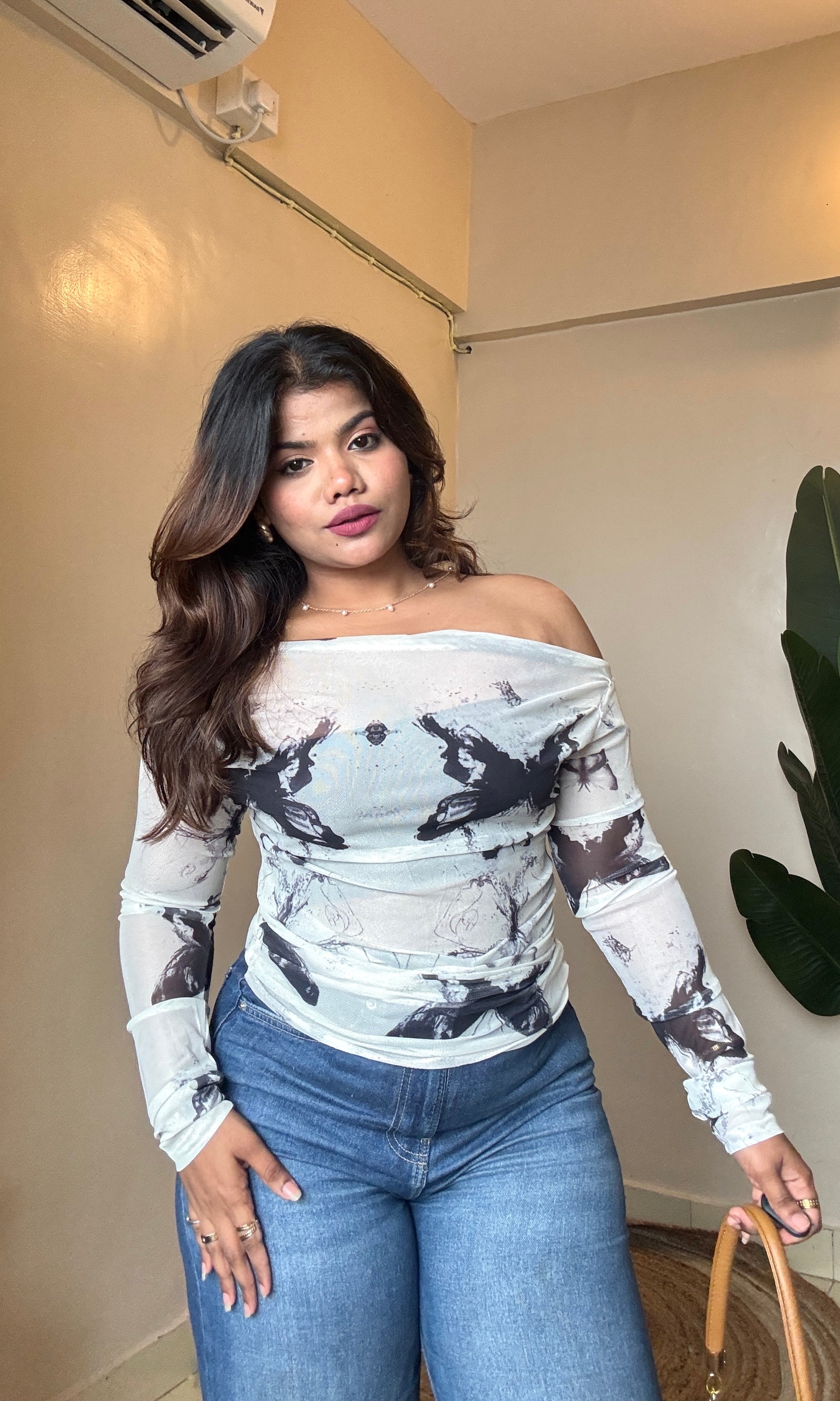 Butterfly Drop Off Shoulder Mesh Top