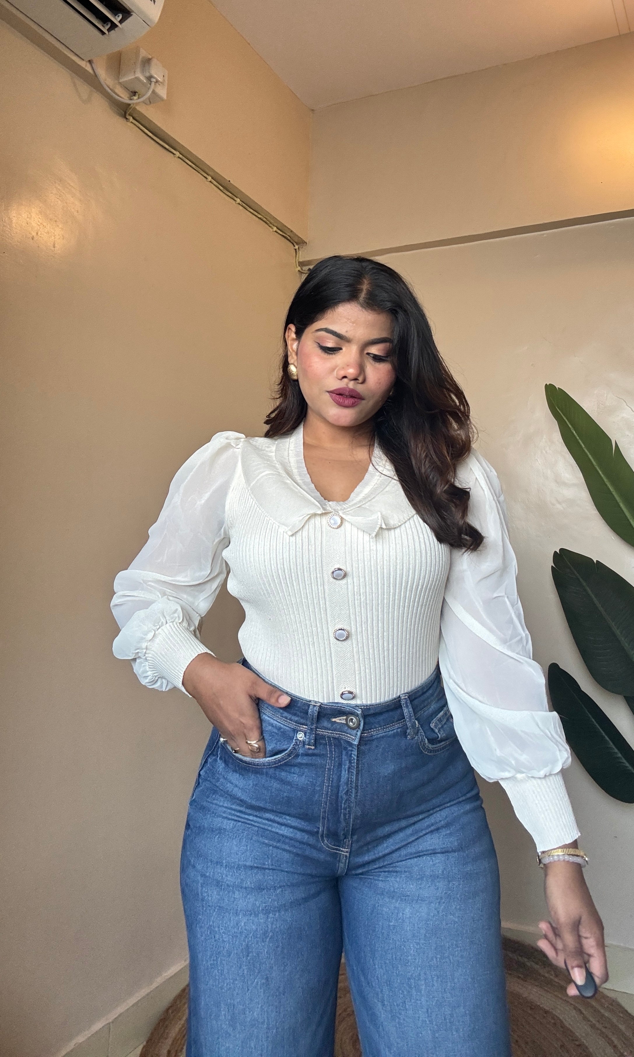 Elegant Organza Collar Puff Sleeve Top