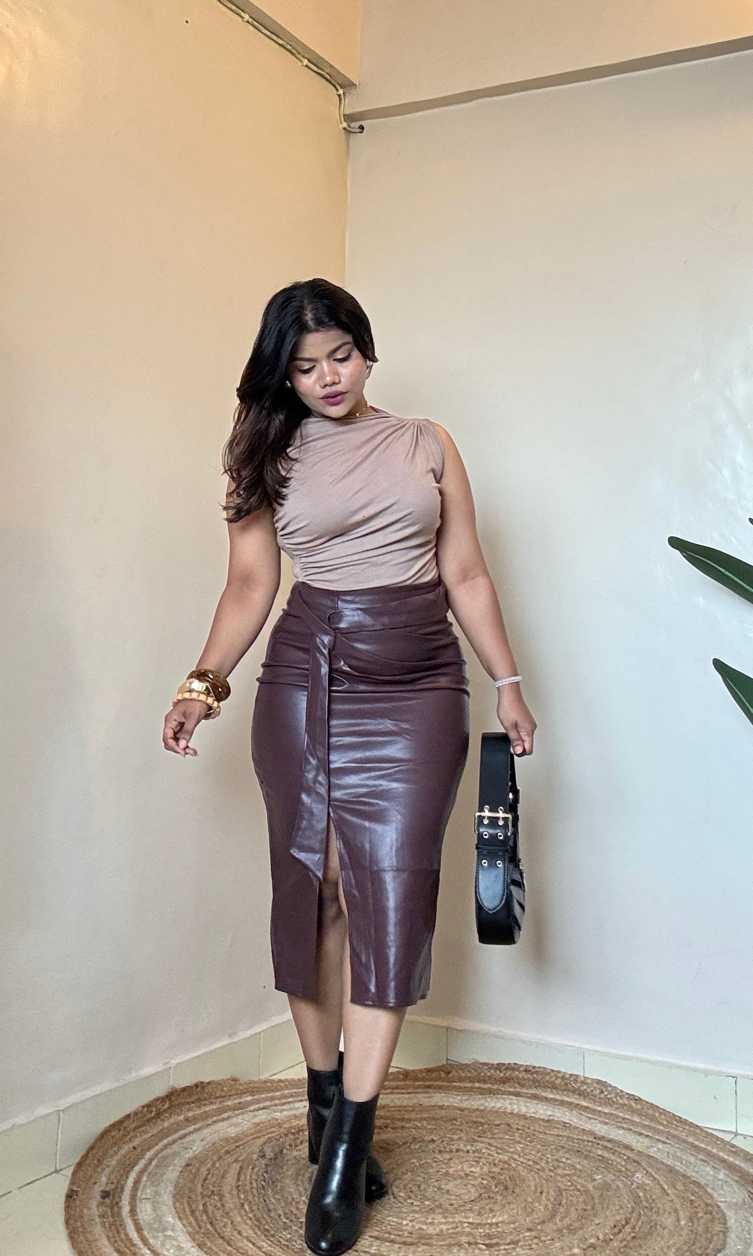 Faux Leather Ruched Pencil Skirt