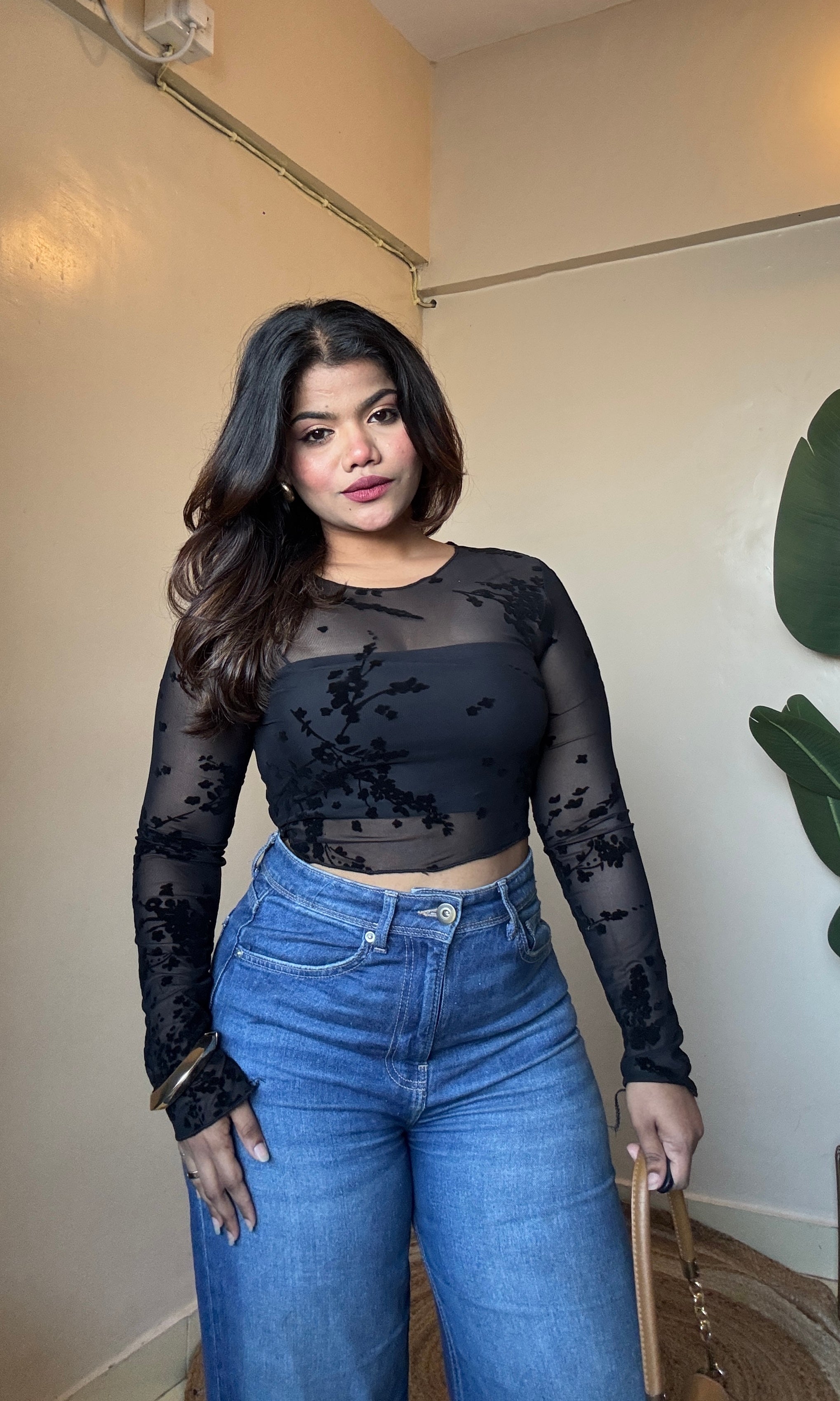 Floral Barque Print Mesh Top With Inner