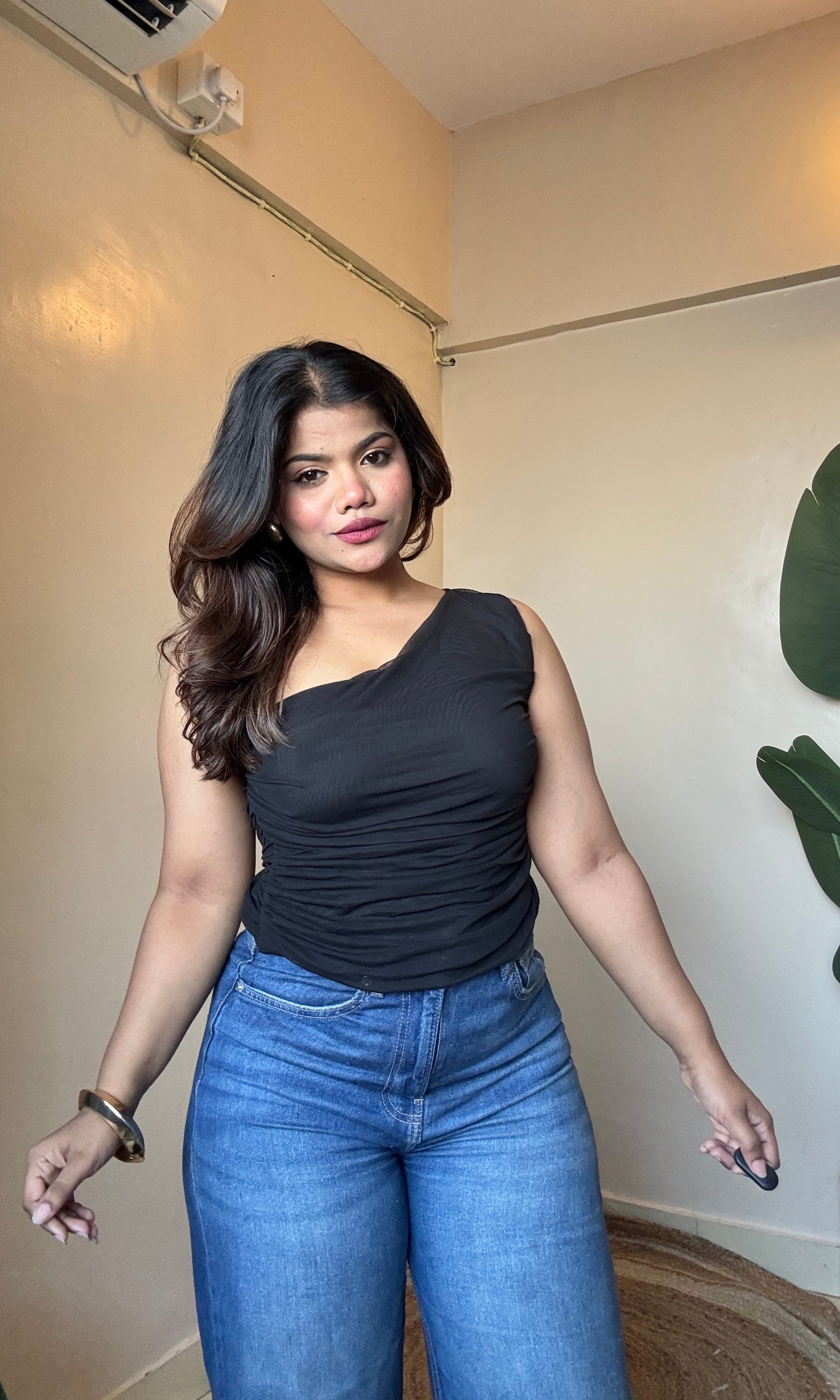 Black One-Shoulder Mesh Top