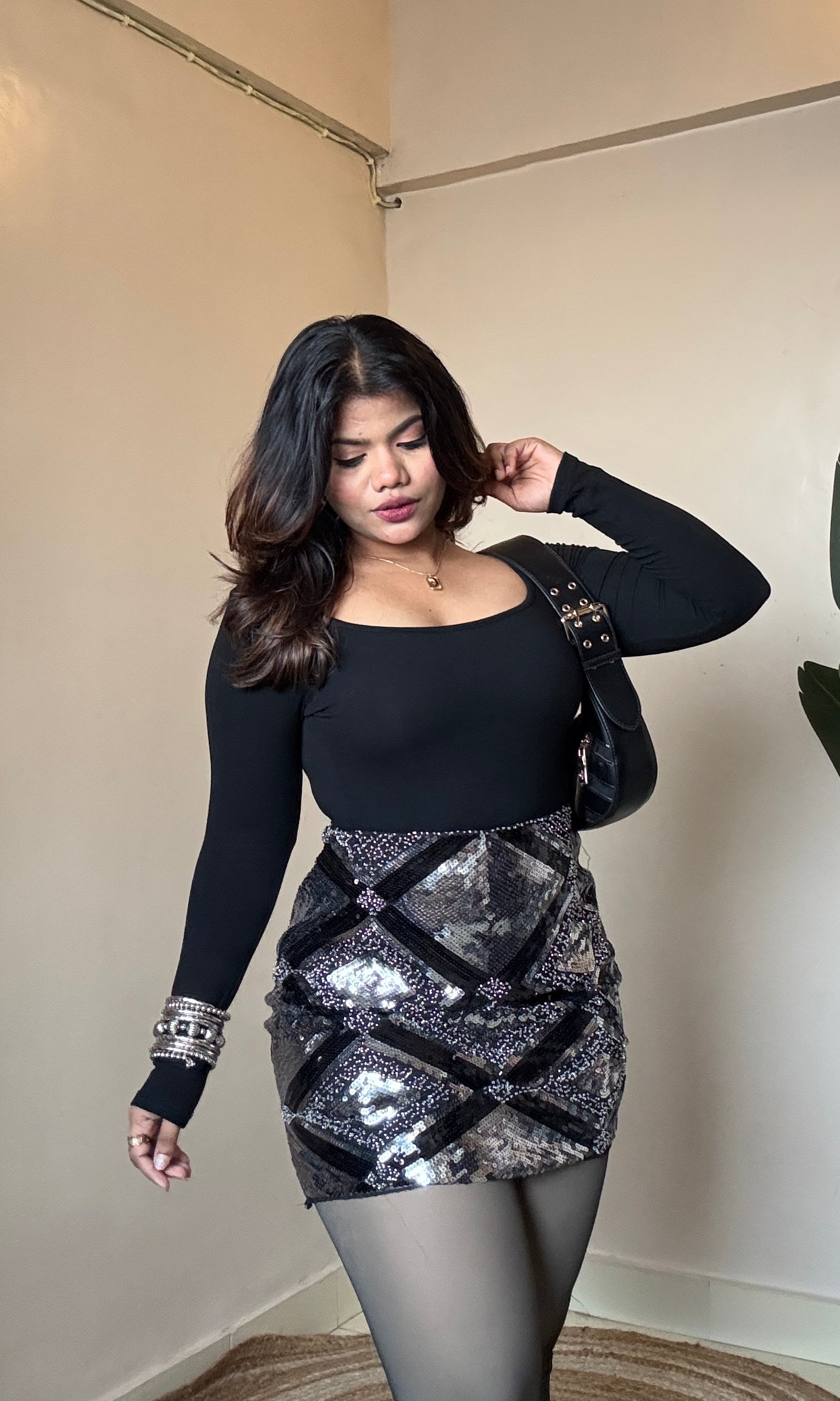 Black Silver Sequin Mini Skirt