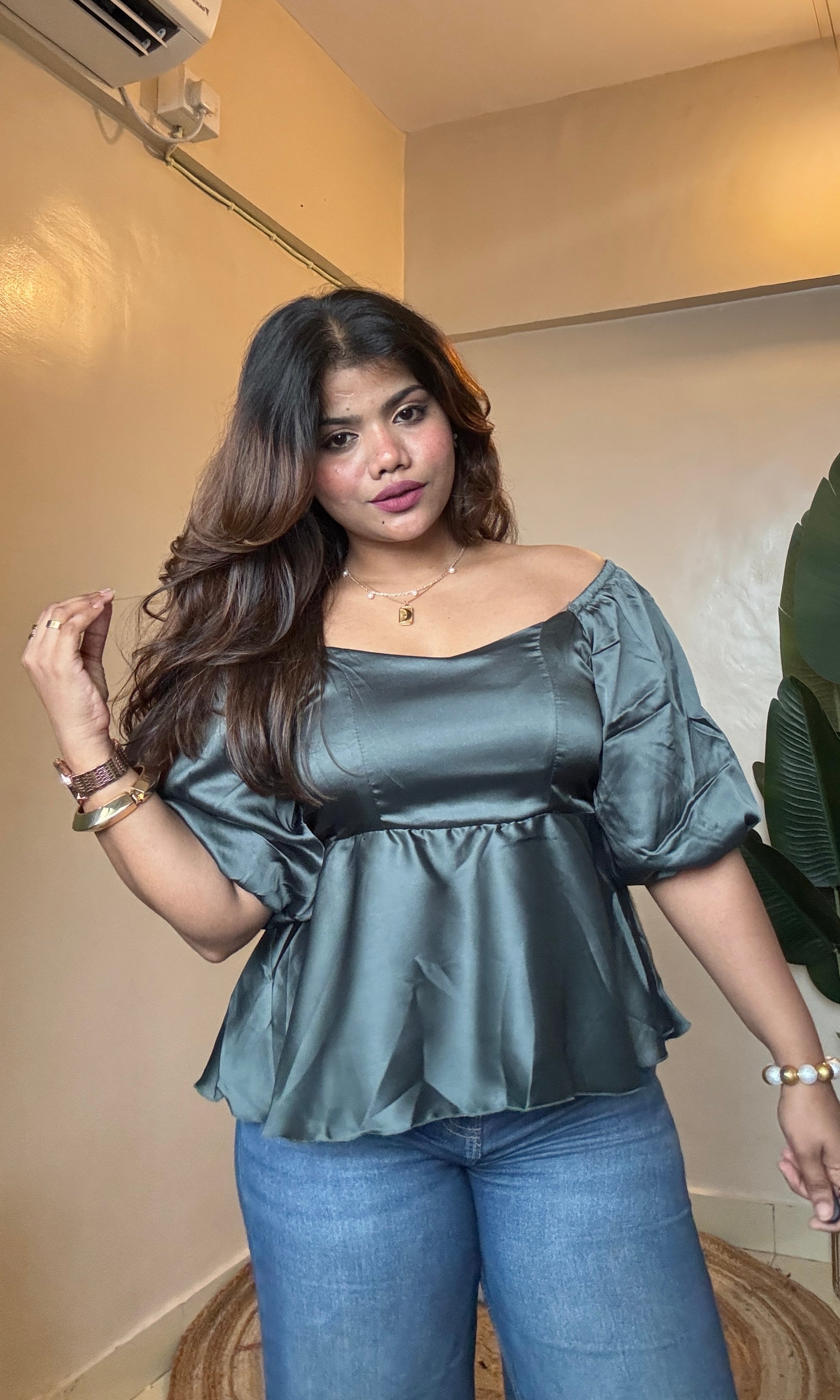 Satin Balloon Sleeve Top