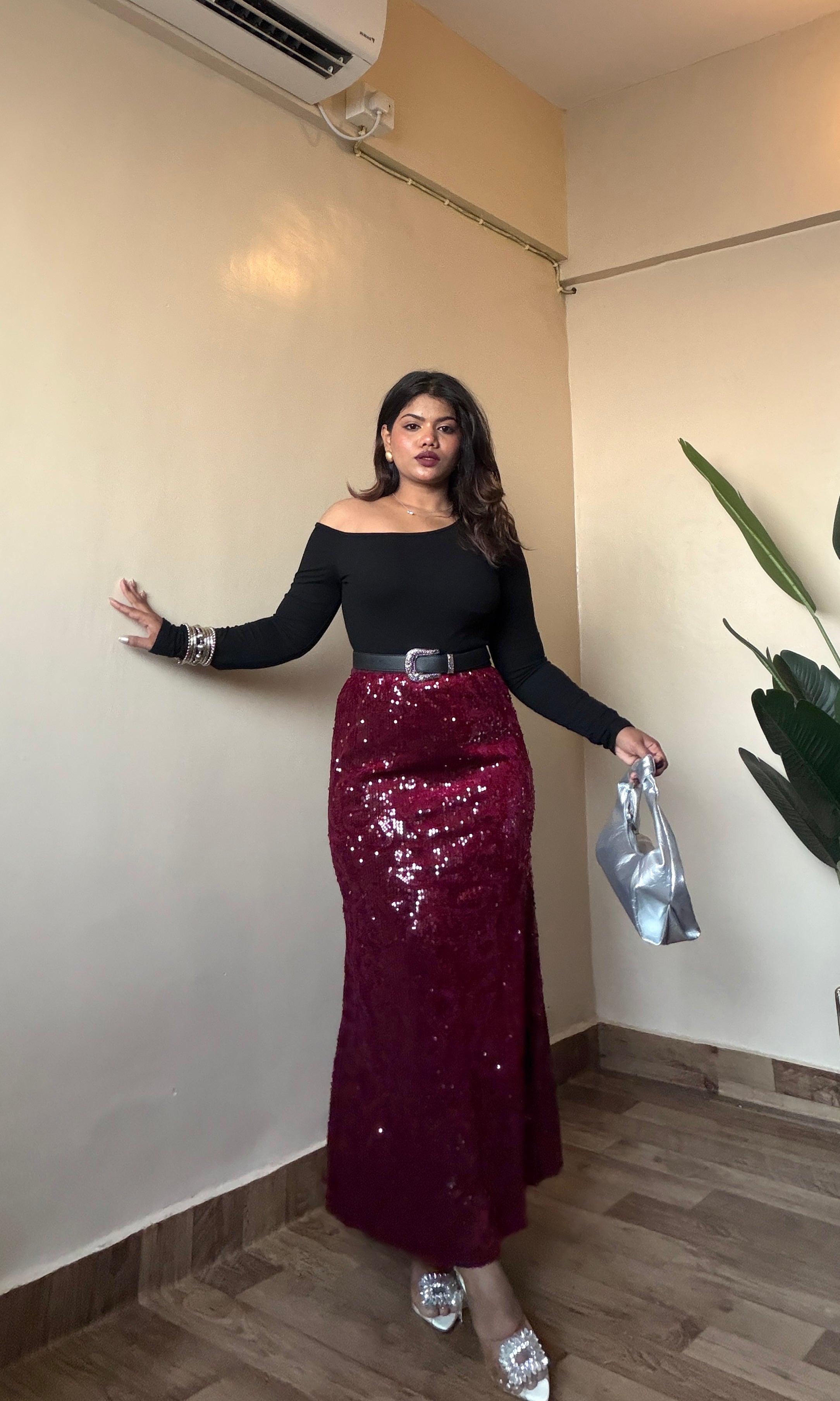 Maroon Sequin Bodycon Skirt