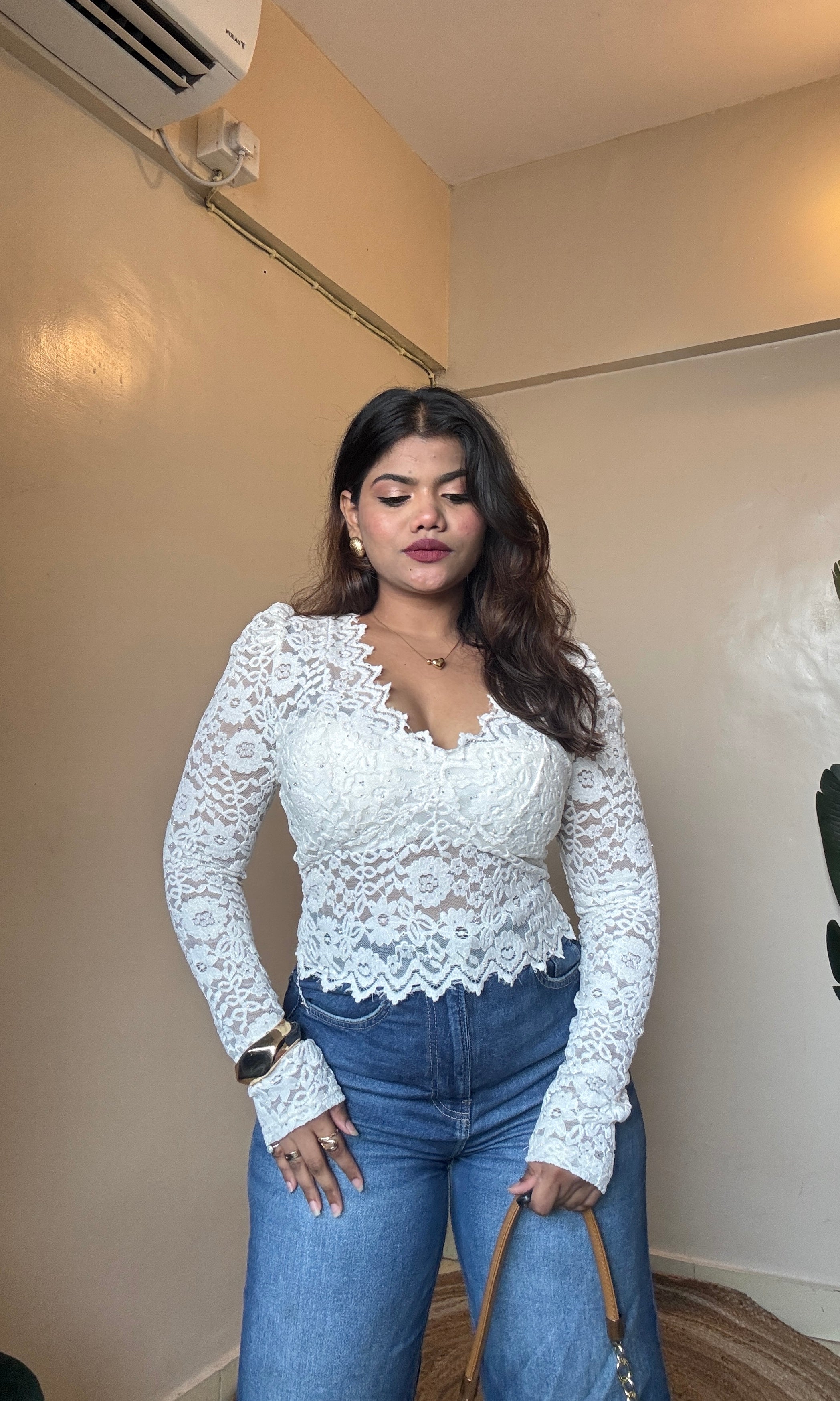 Cream Velvet Lacework Rhinestone Mesh Top