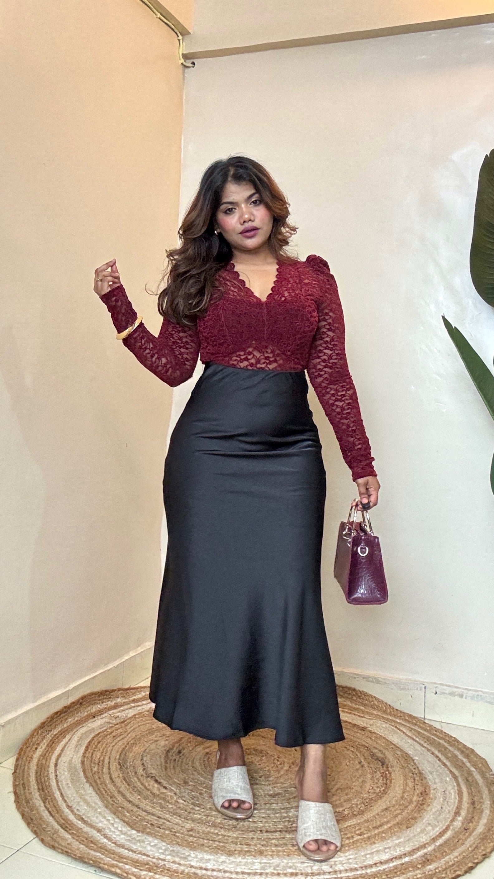Bestseller Wine Velvet Top With Black Satin Skirt