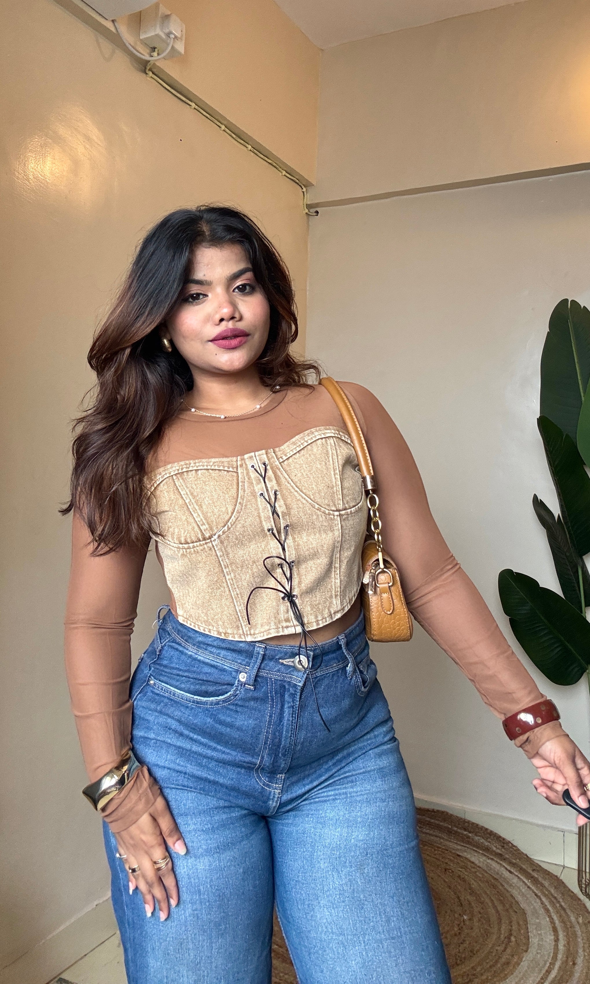 Denim Corset Mesh Top