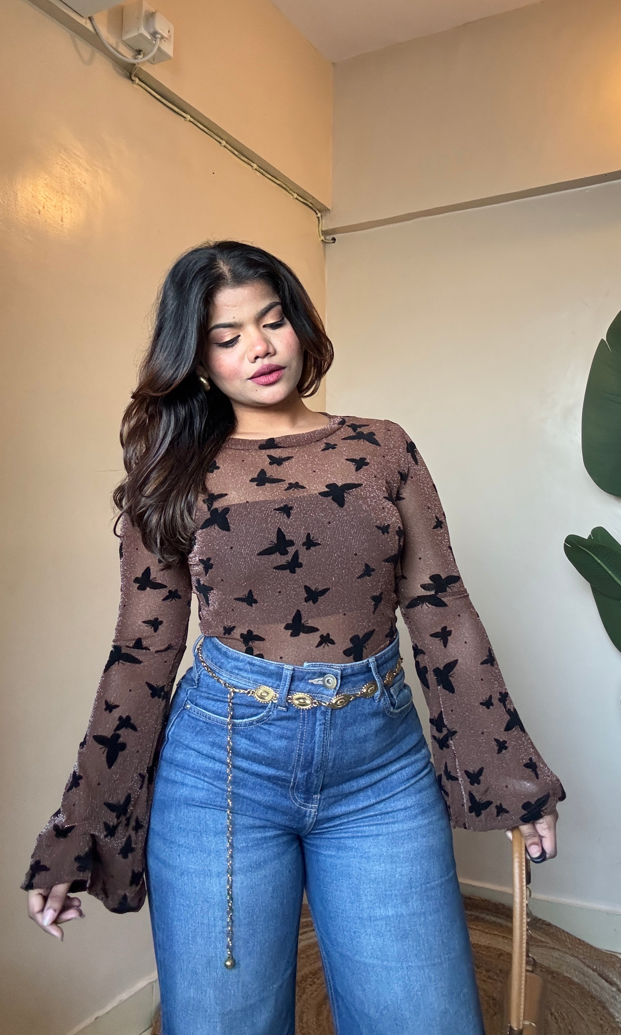 Butterfly Bell Sleeve Sheer Top With Inner