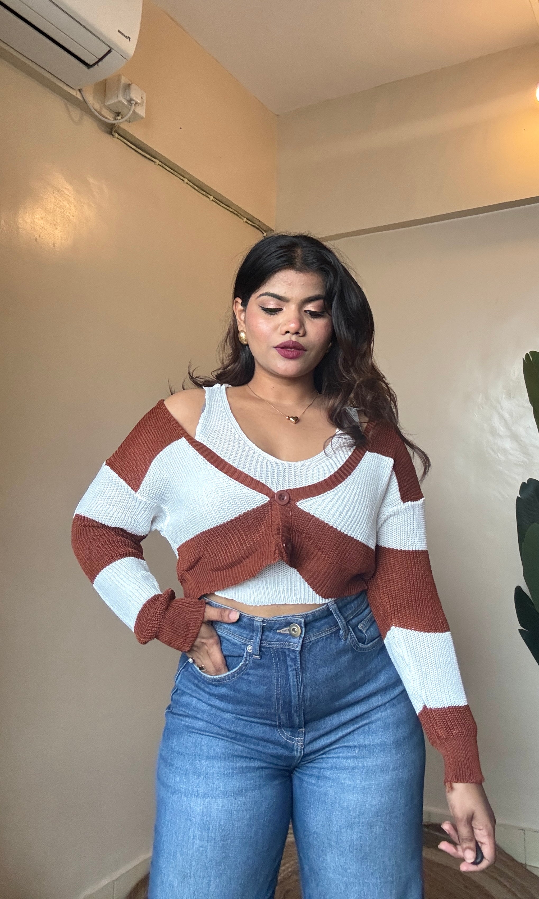 Brown N White Cardigan with inner