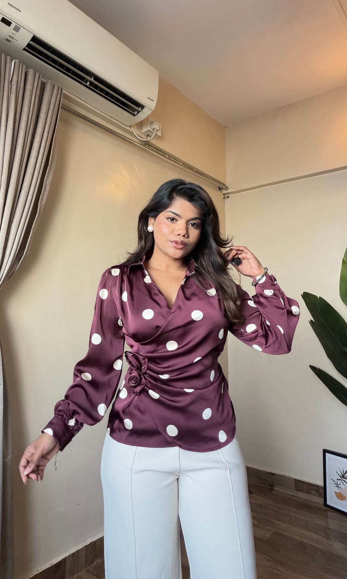 Polka Dot Rose Floral Wrap Shirt