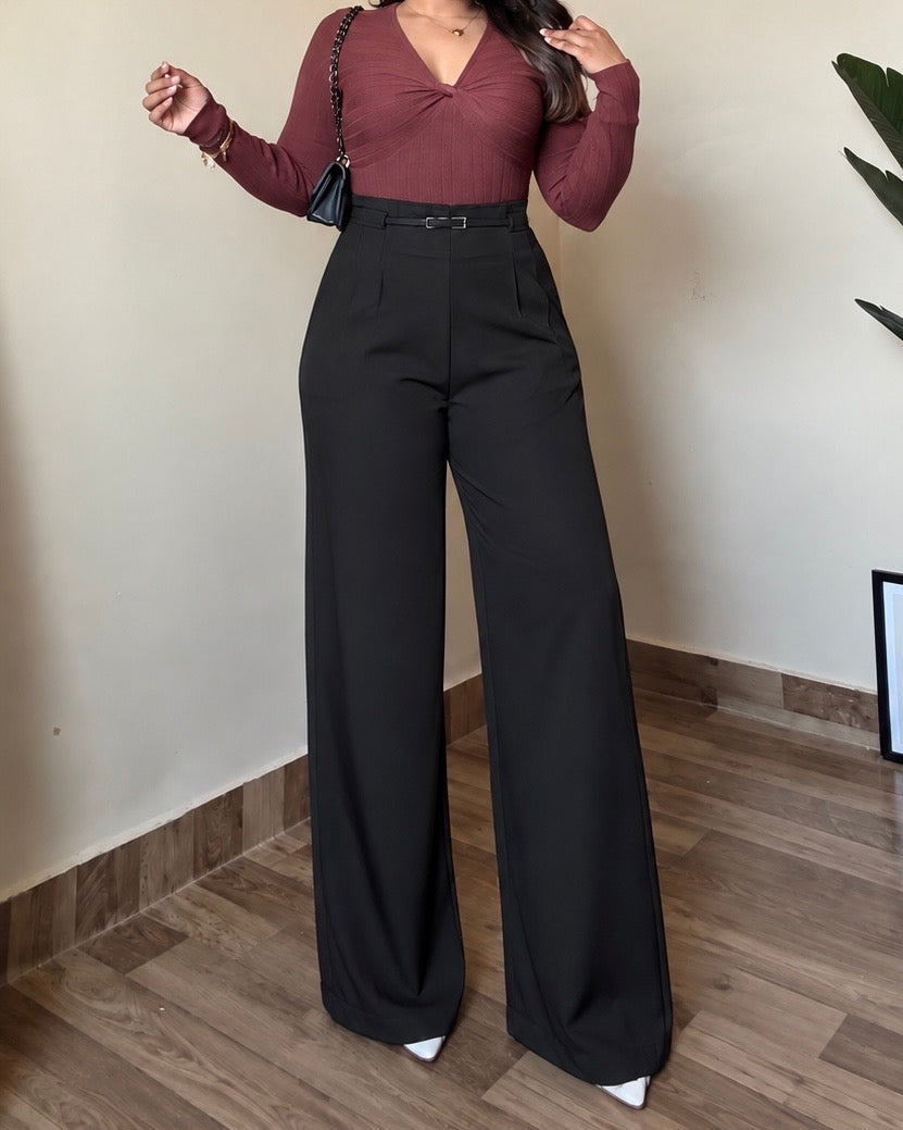 Black Straight Fit Wide Leg Trouser With Belt