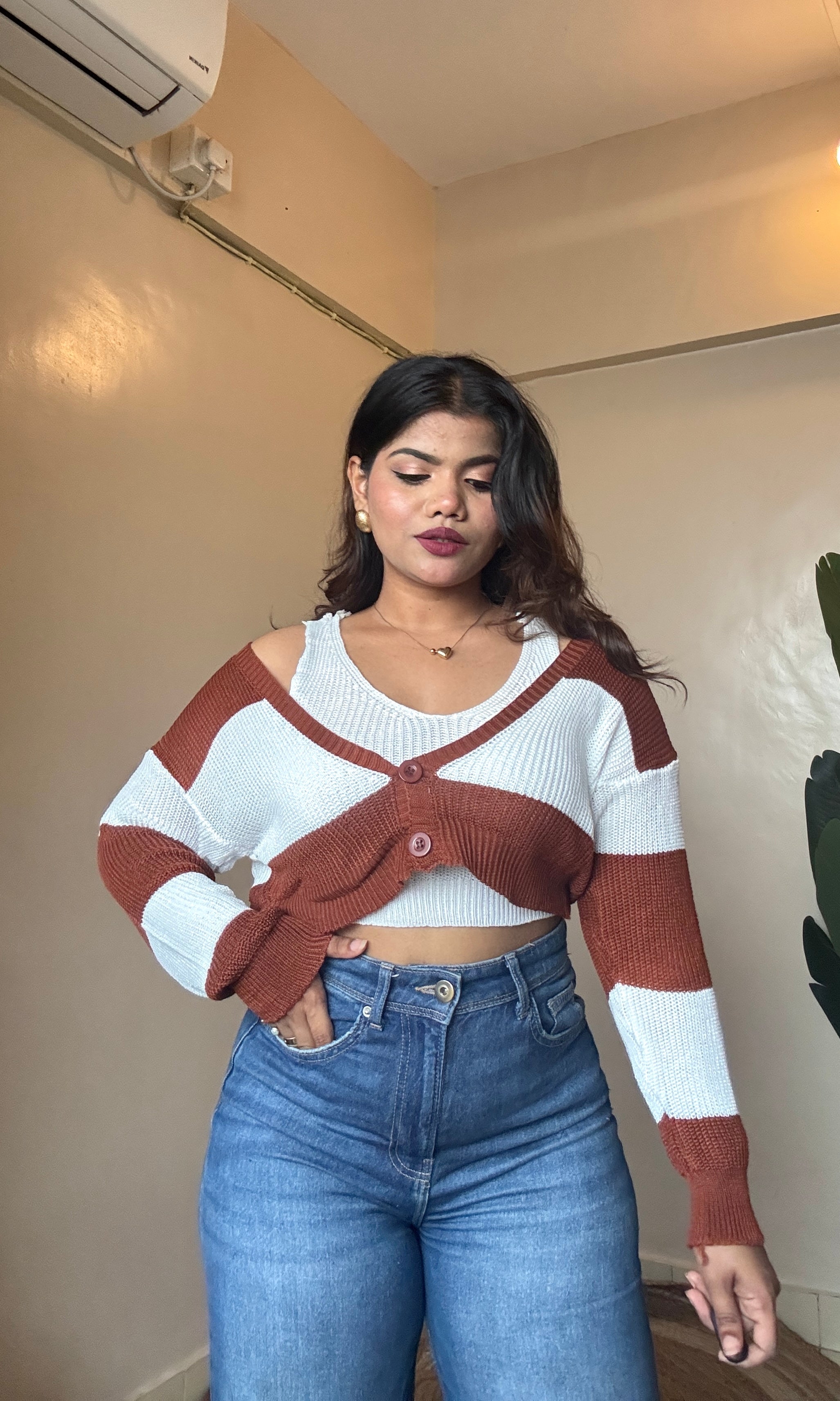Brown N White Cardigan with inner