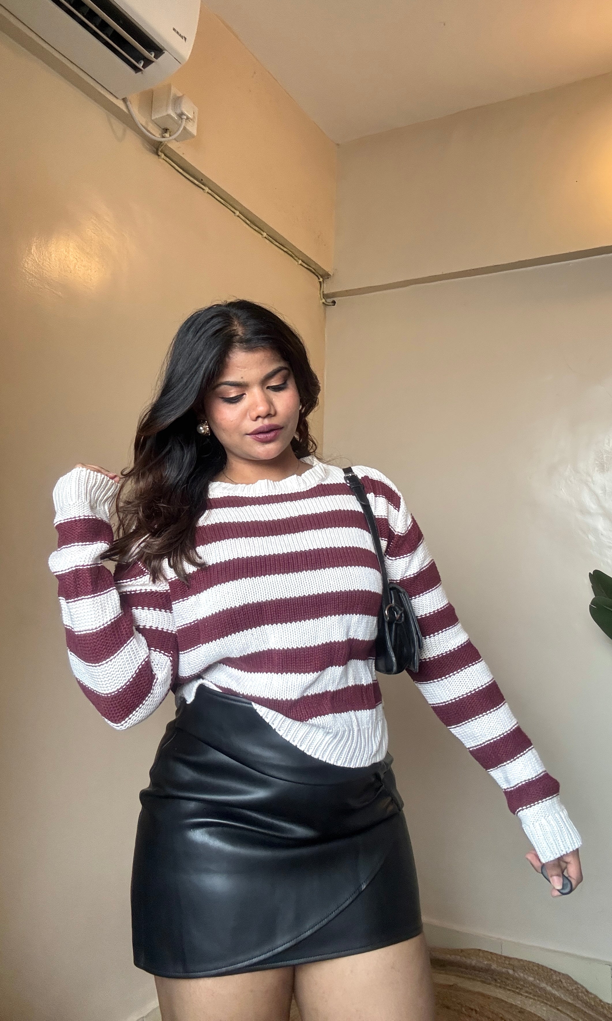 Maroon White Striped Knit Pullover