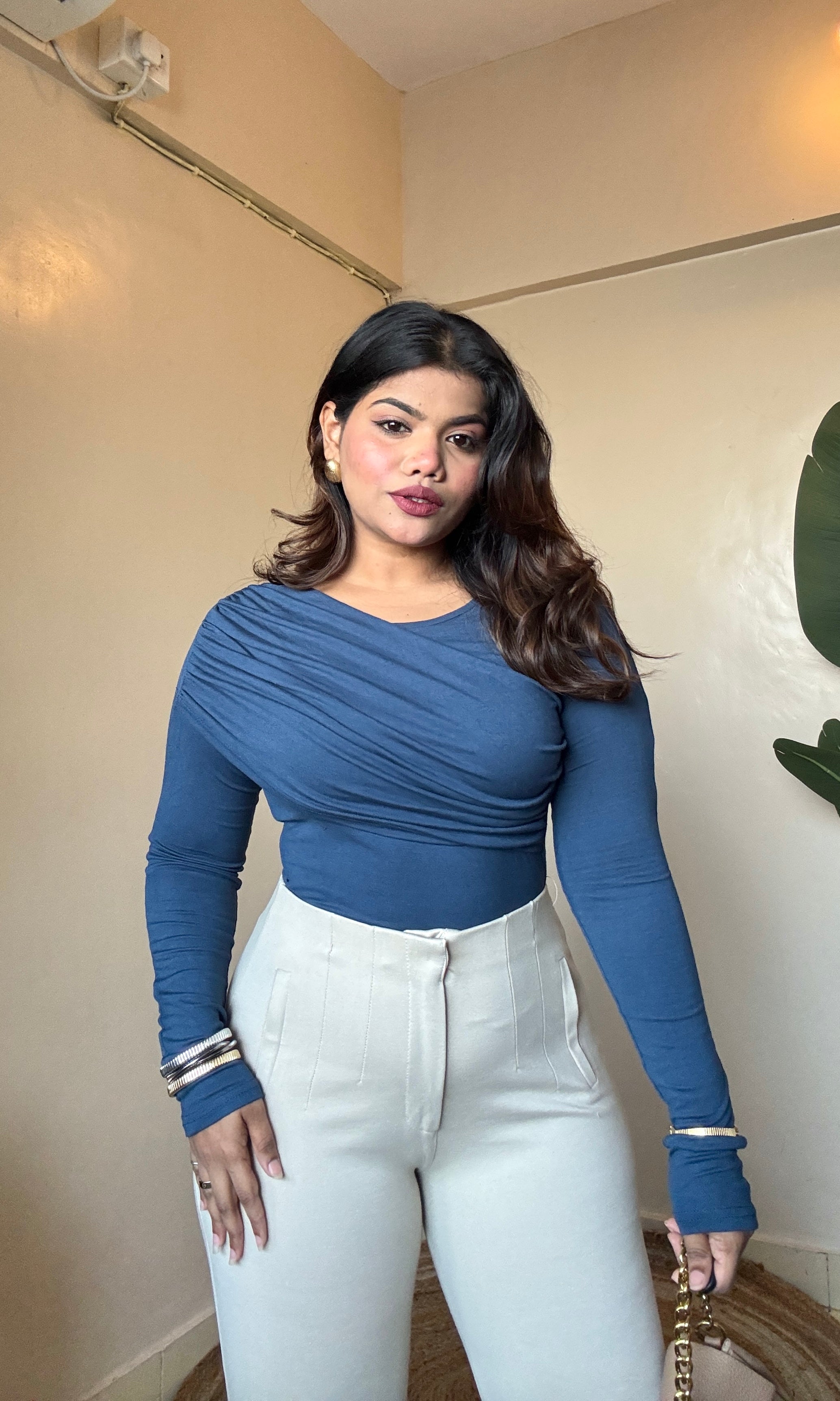 Teal Green One Side Draped Ruched Top