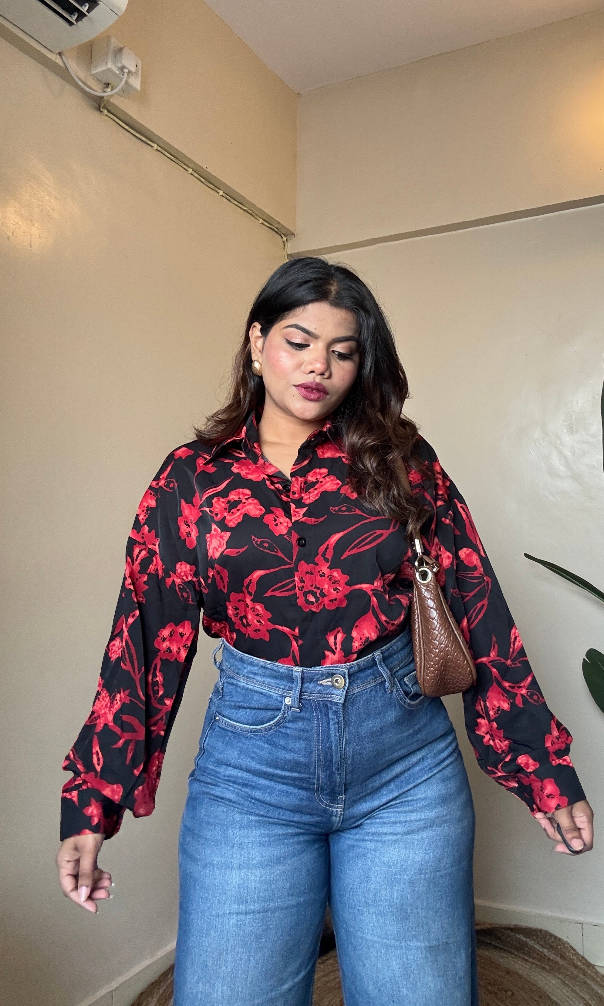 Black Red Floral Printed Imported Shirt