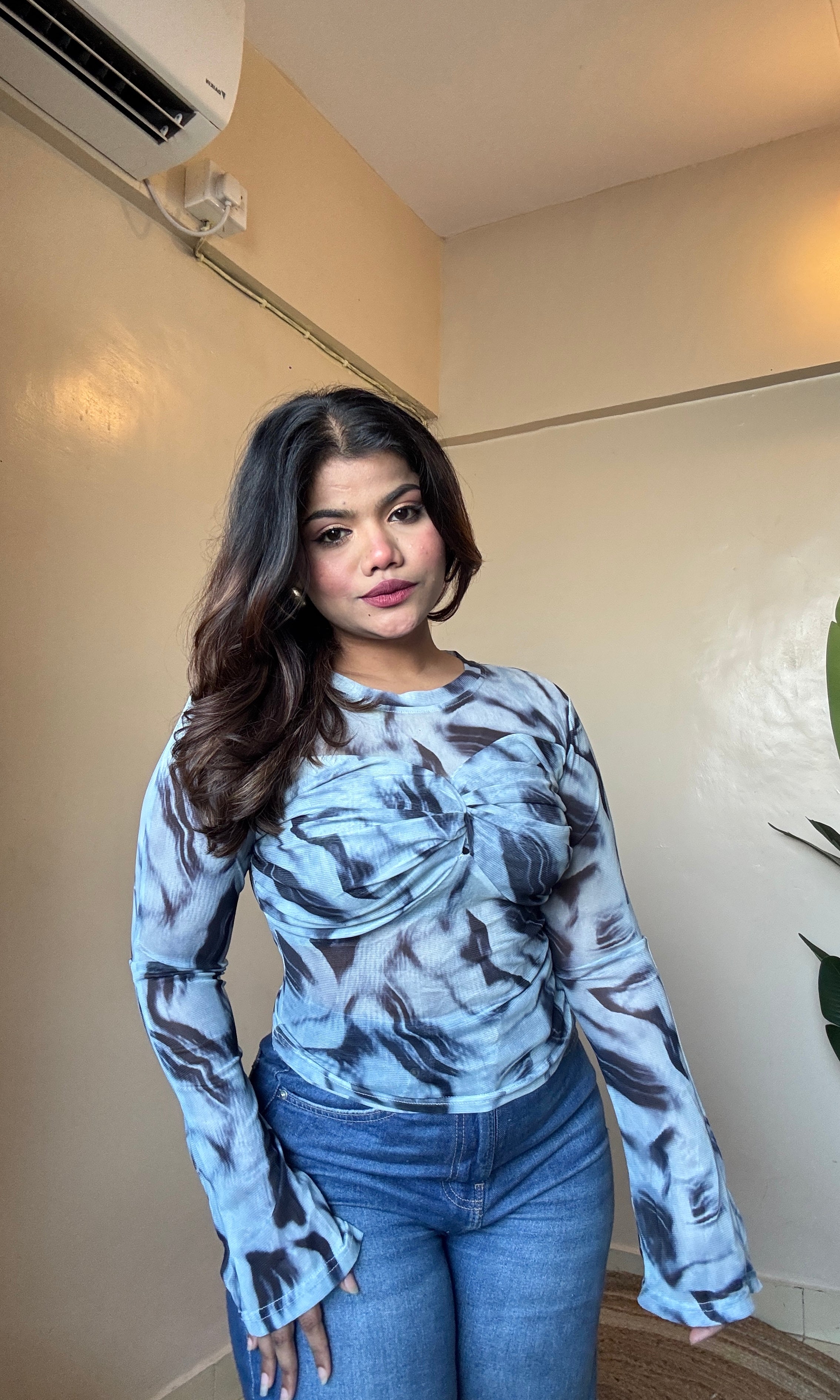 Blue Crossover Marble Print Mesh Top