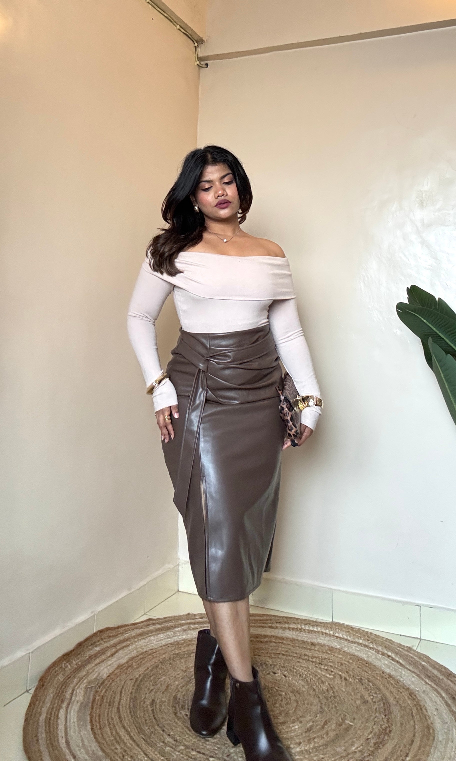 Premium Brown Leather Ruched Slit Cut Skirt