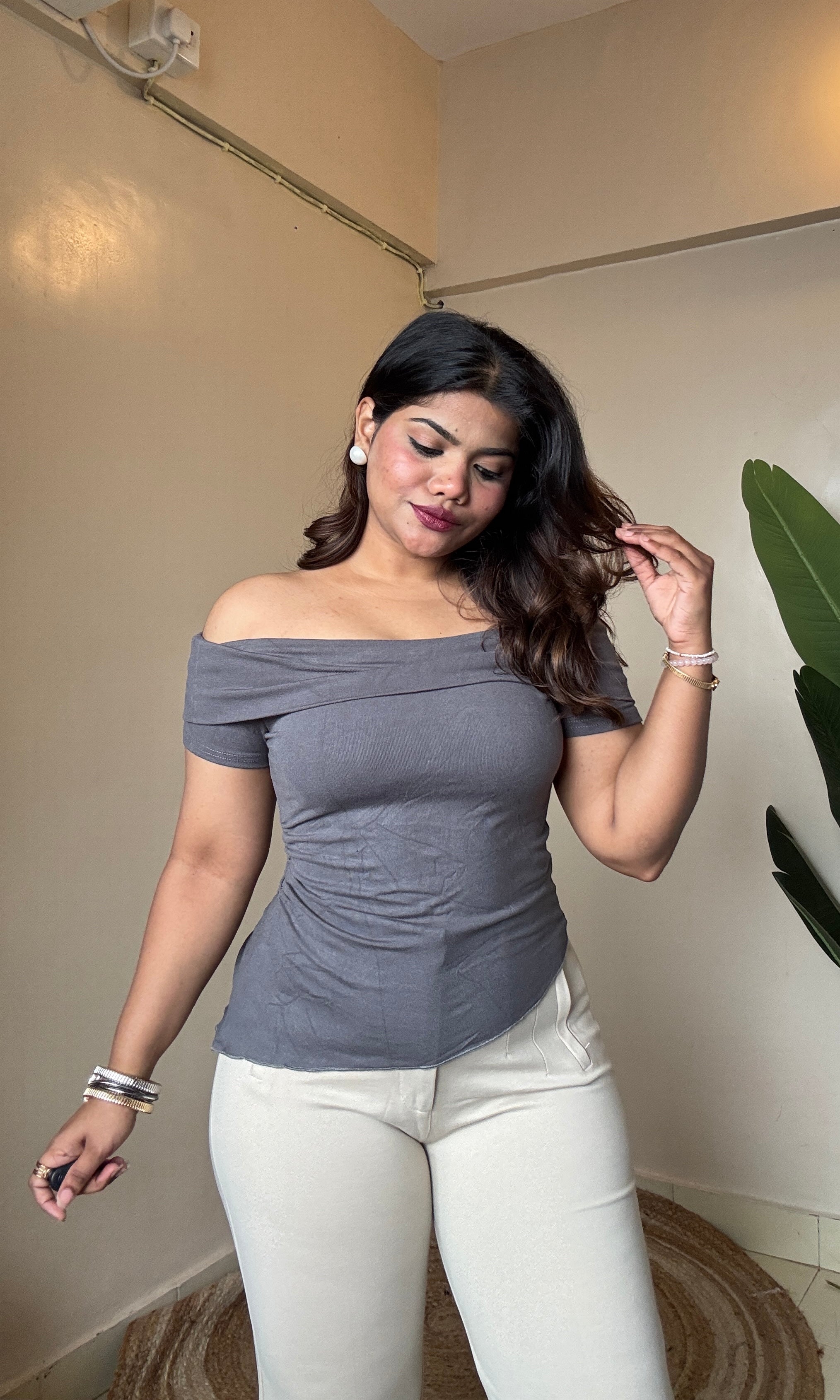 Off-Shoulder Asymmetrical Top With Flower Broch