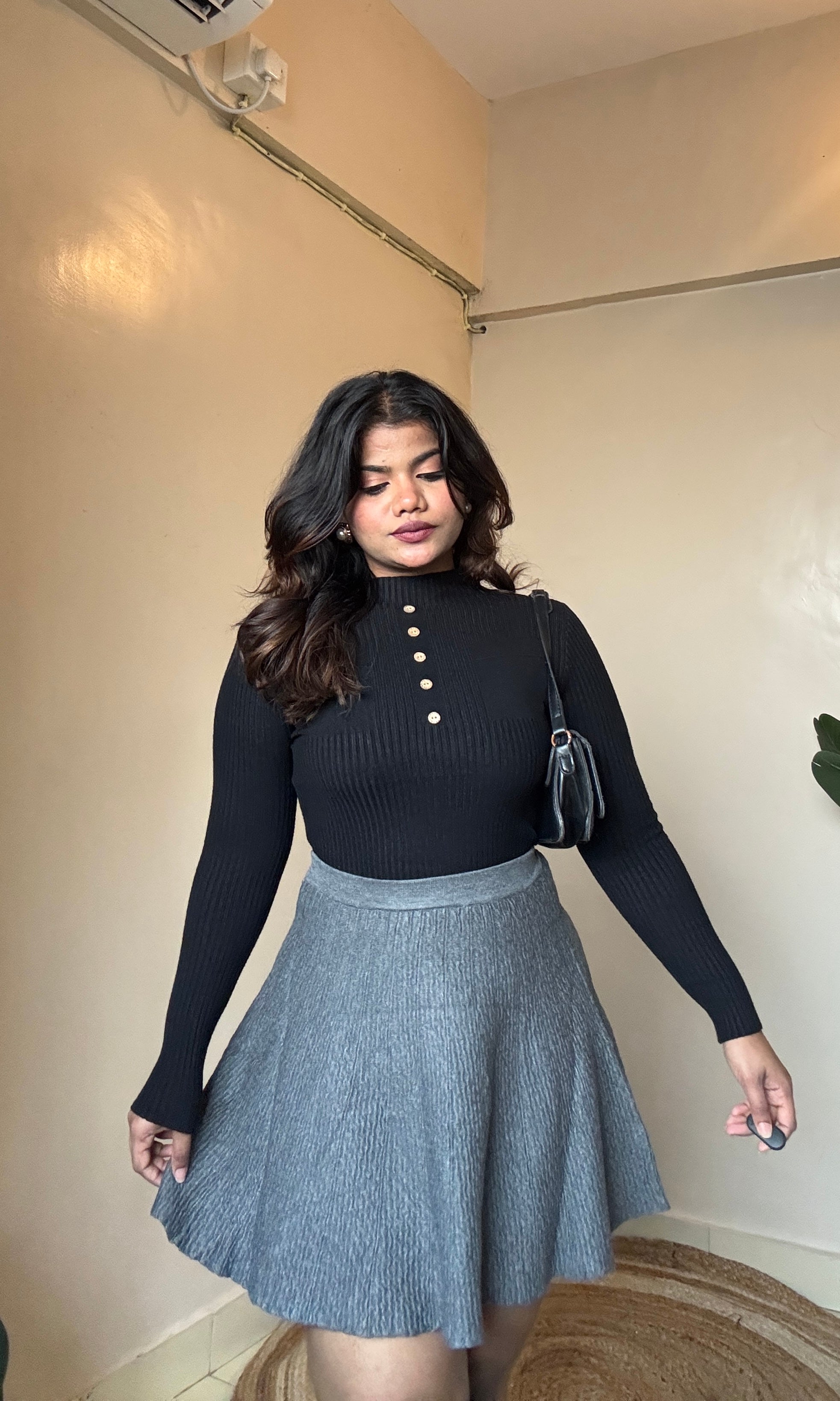 Button-Detailing Ribbed Mock Neck Top