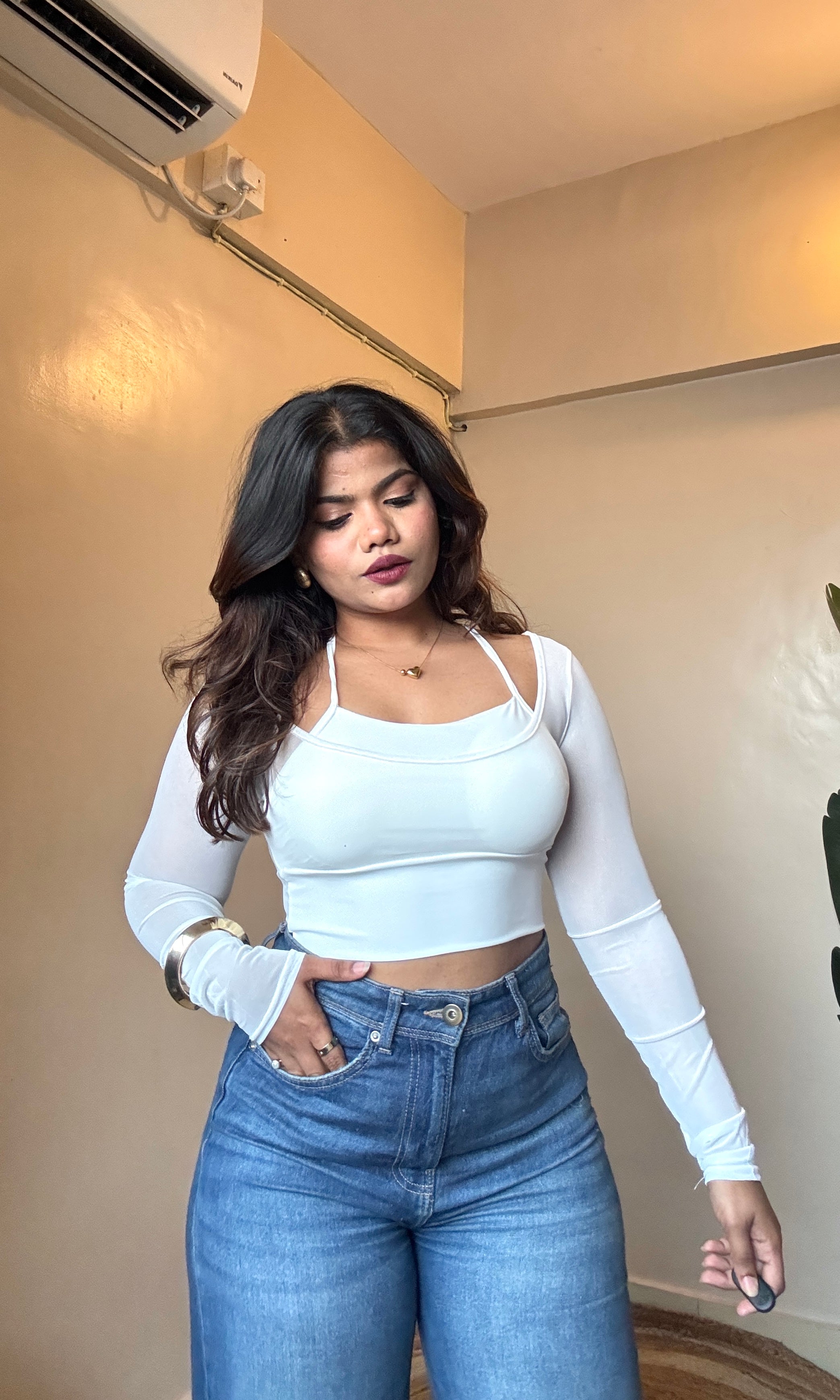 White Halter Neck Padded Mesh Top