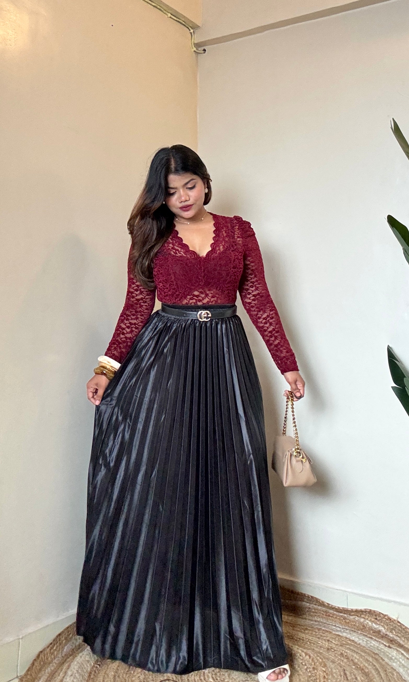 Combo Velvet Maroon Mesh Top & Black Satin Pleated Skirt