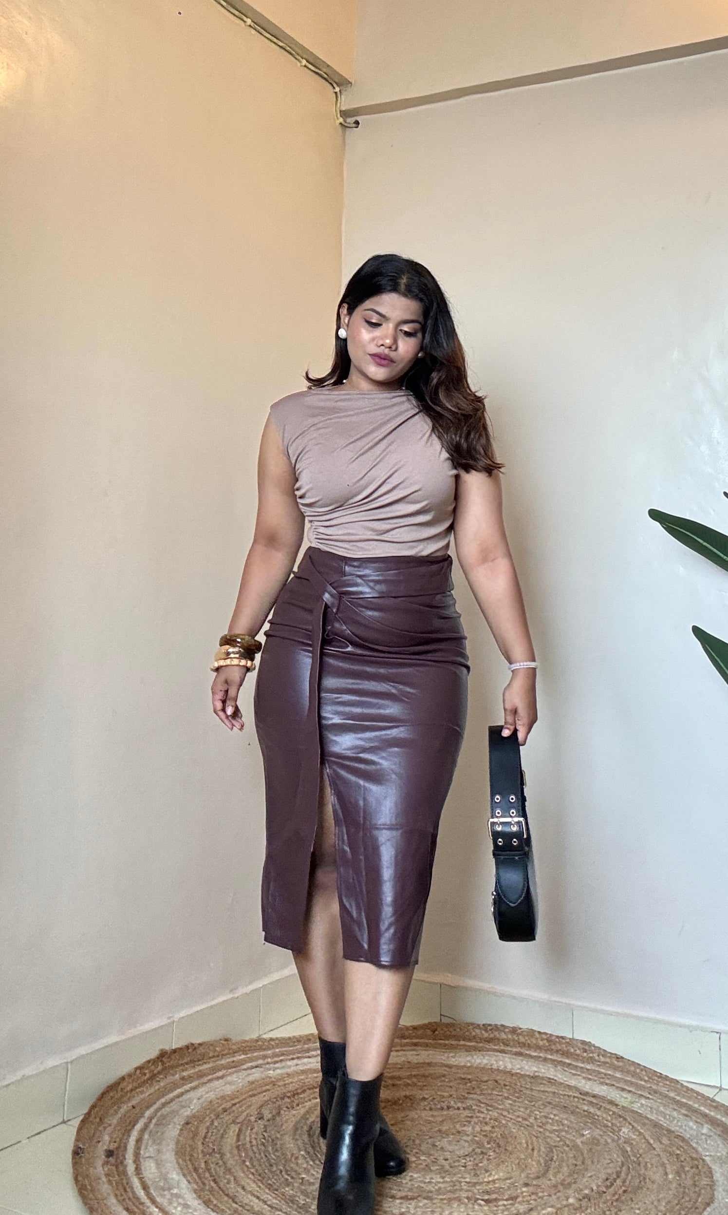 Faux Leather Ruched Pencil Skirt