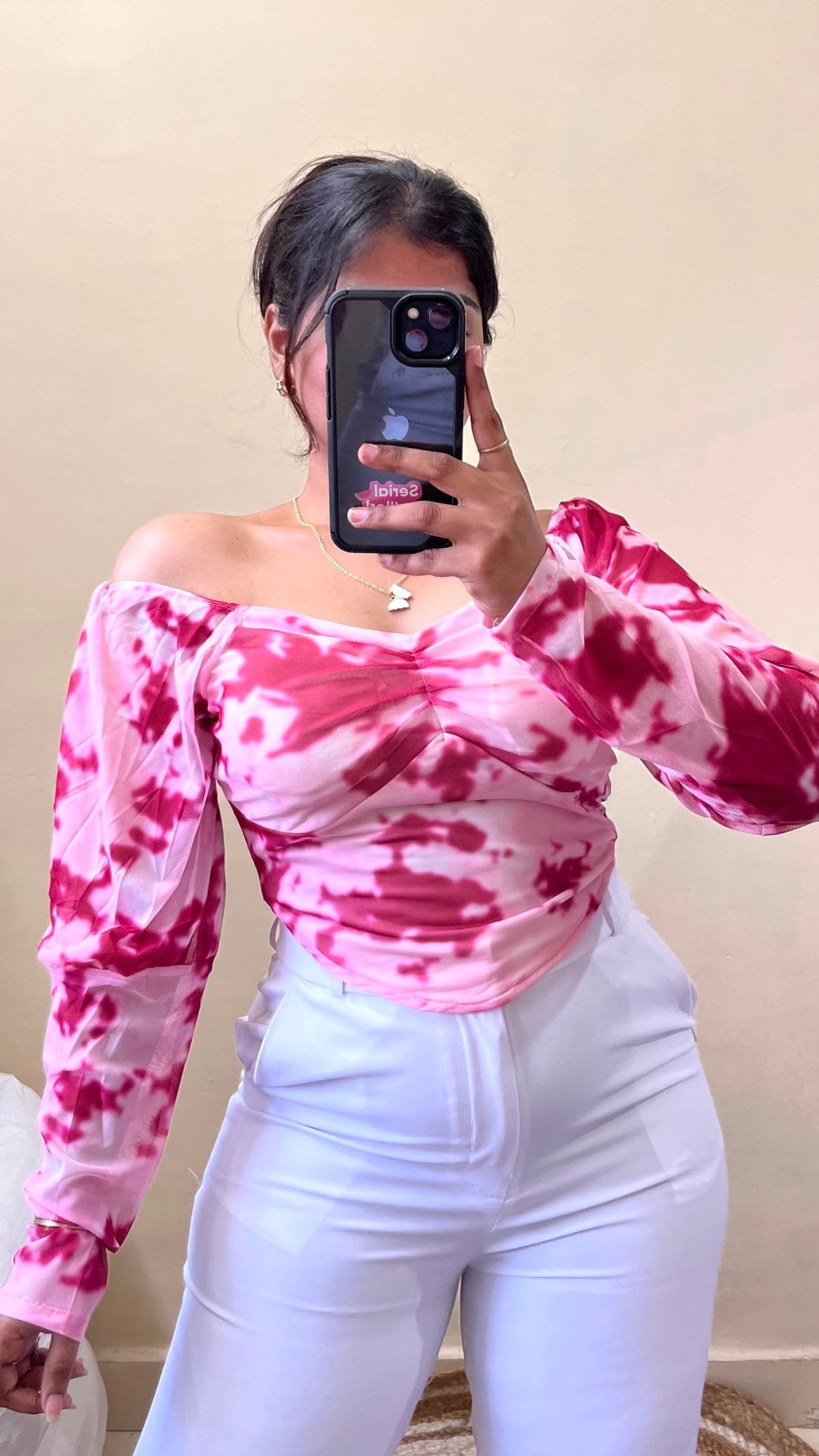 Pink Marble Print Puff Sleeves Mesh Top