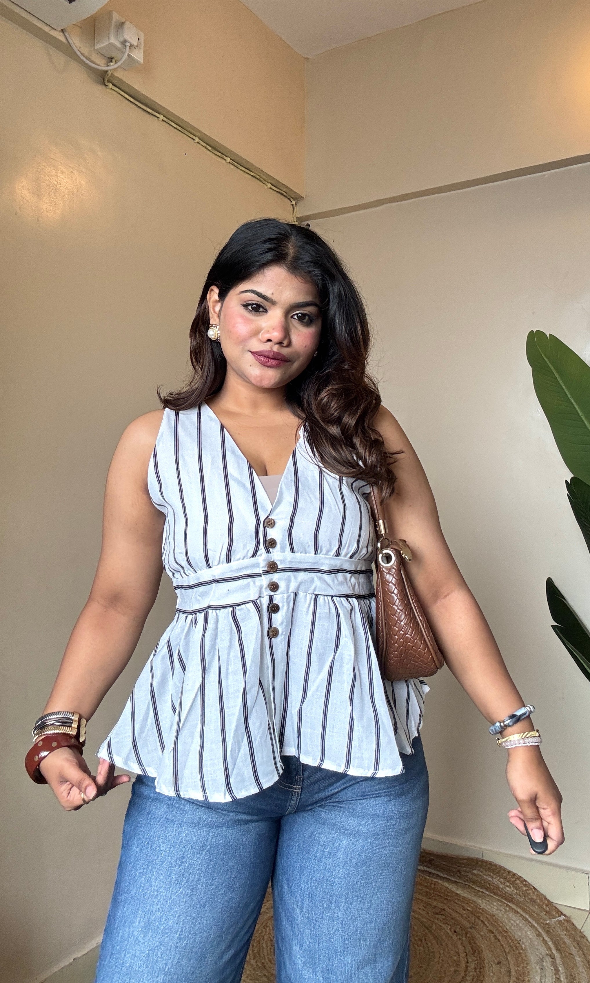 Stripe Peplum V Neck Top