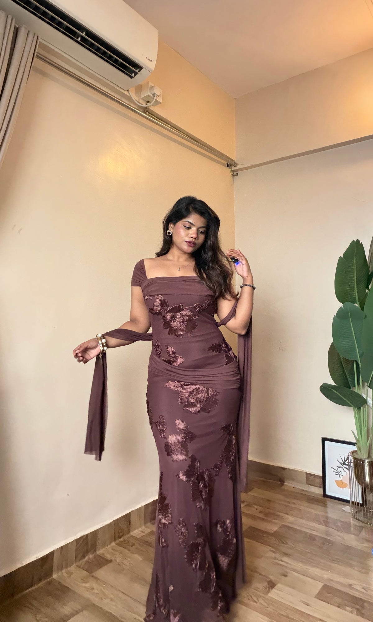 Crimson floral embroidery Dress with Scarf