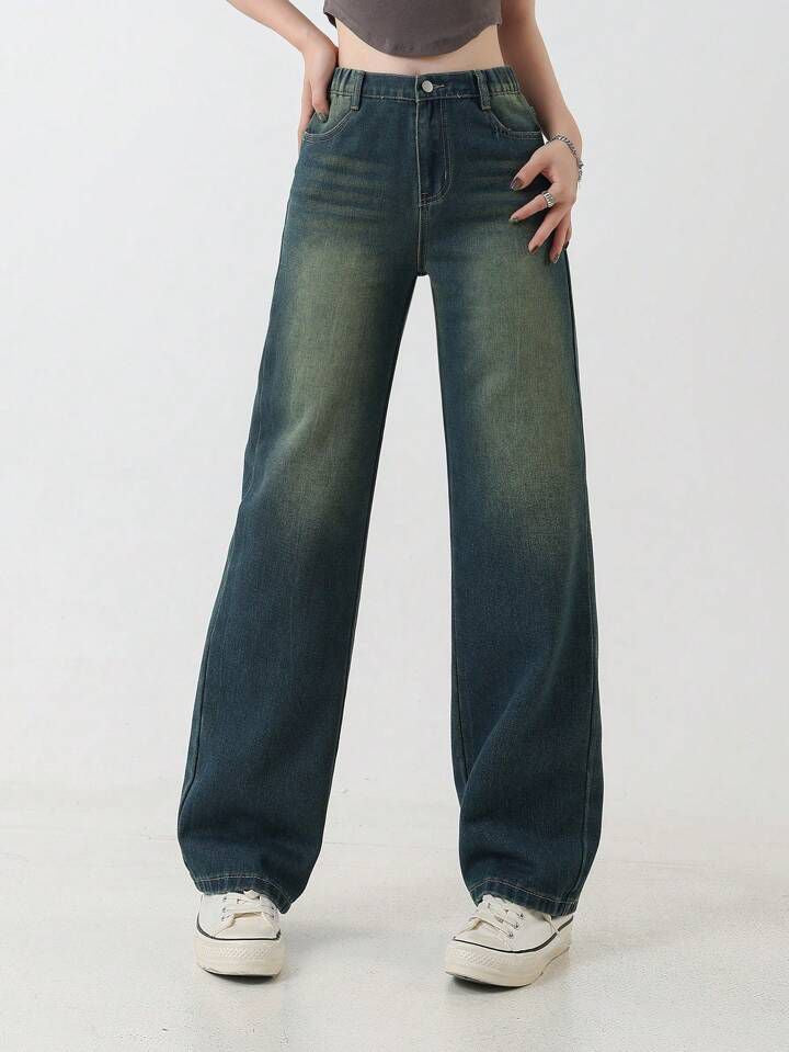 Vintage Greenish Tint High Waist Wide Leg Jeans