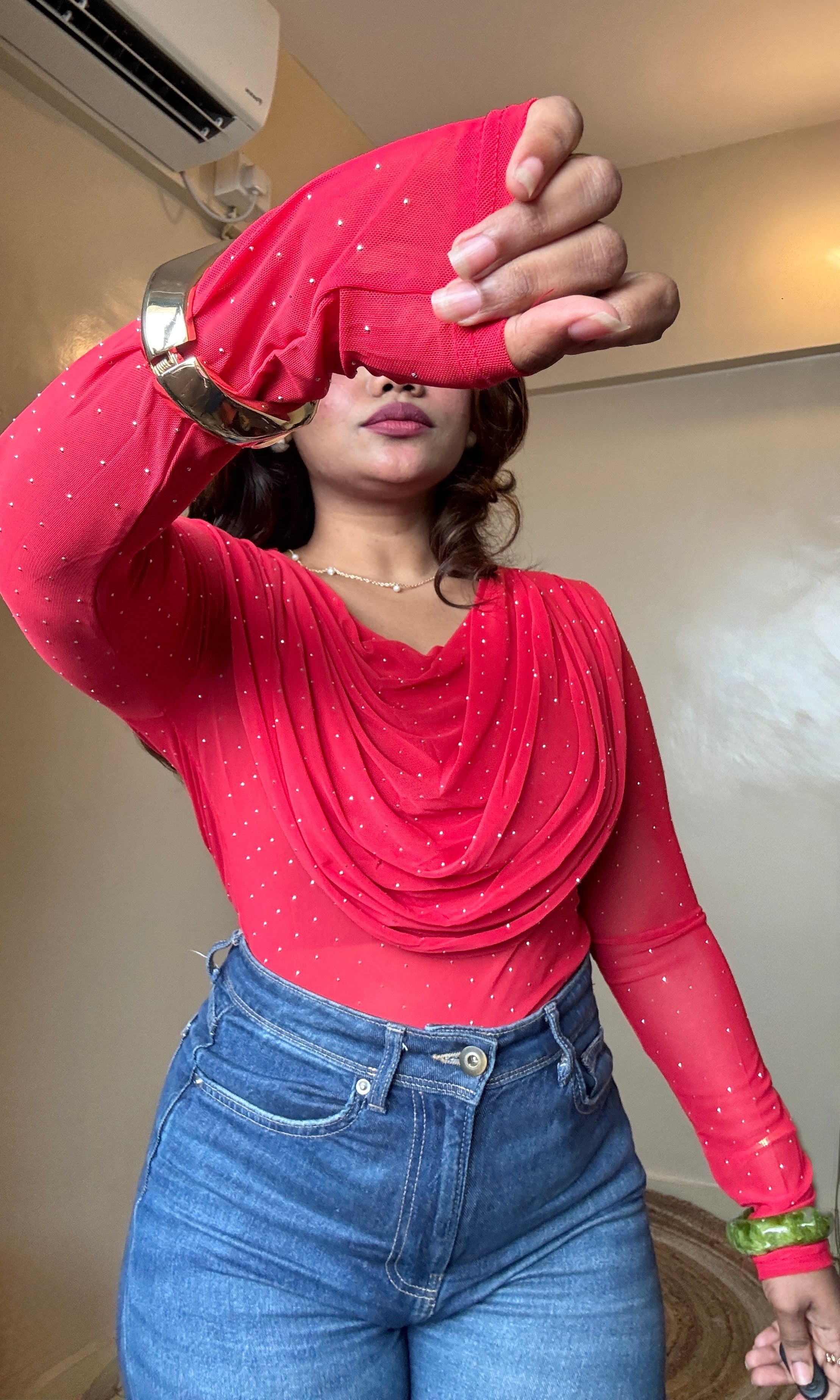 Red Fall Neck Rhinestone Mesh Top