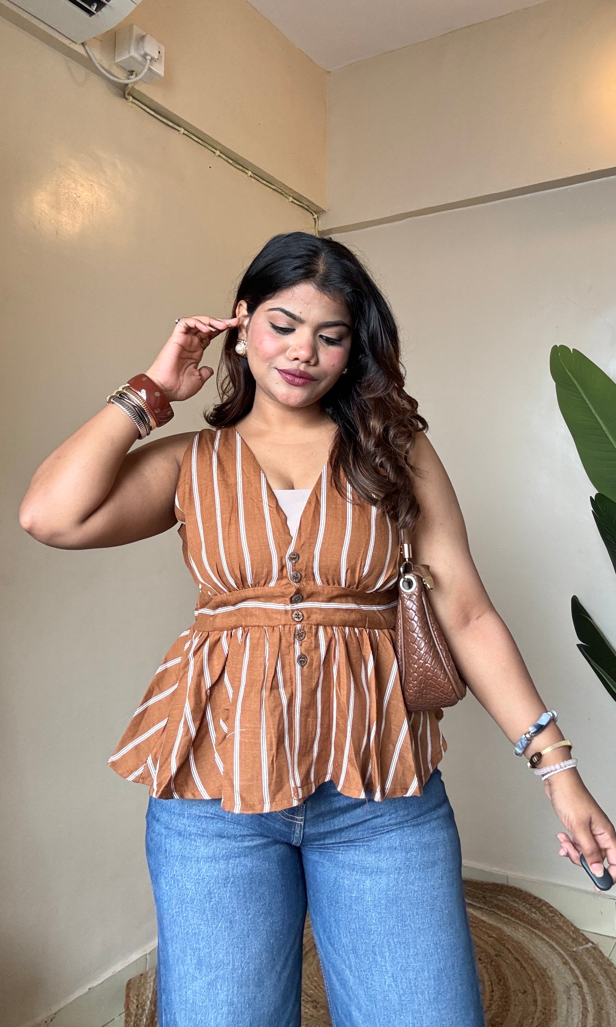 Stripe Peplum V Neck Top