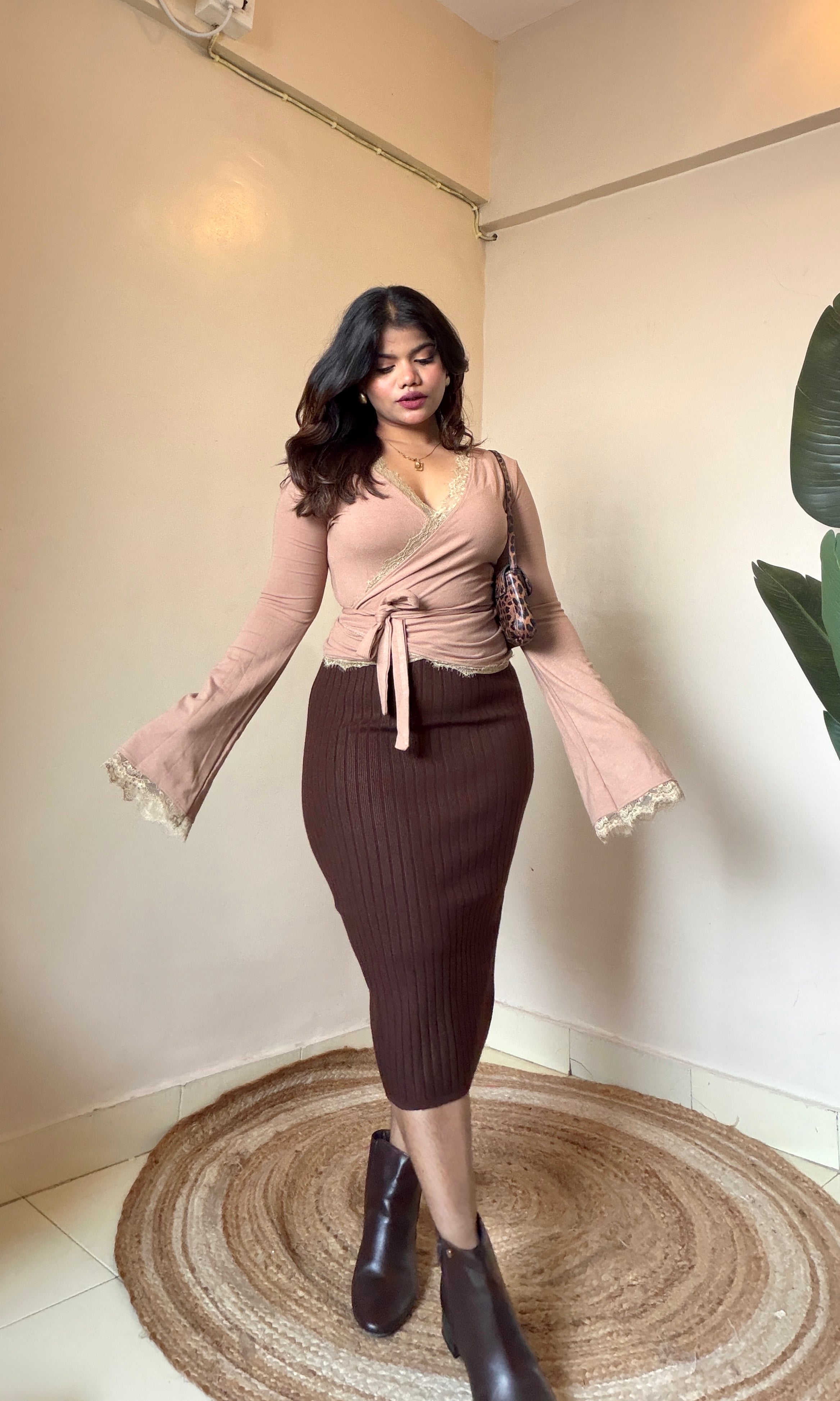 Brown Bodycon Ribbed Skirt