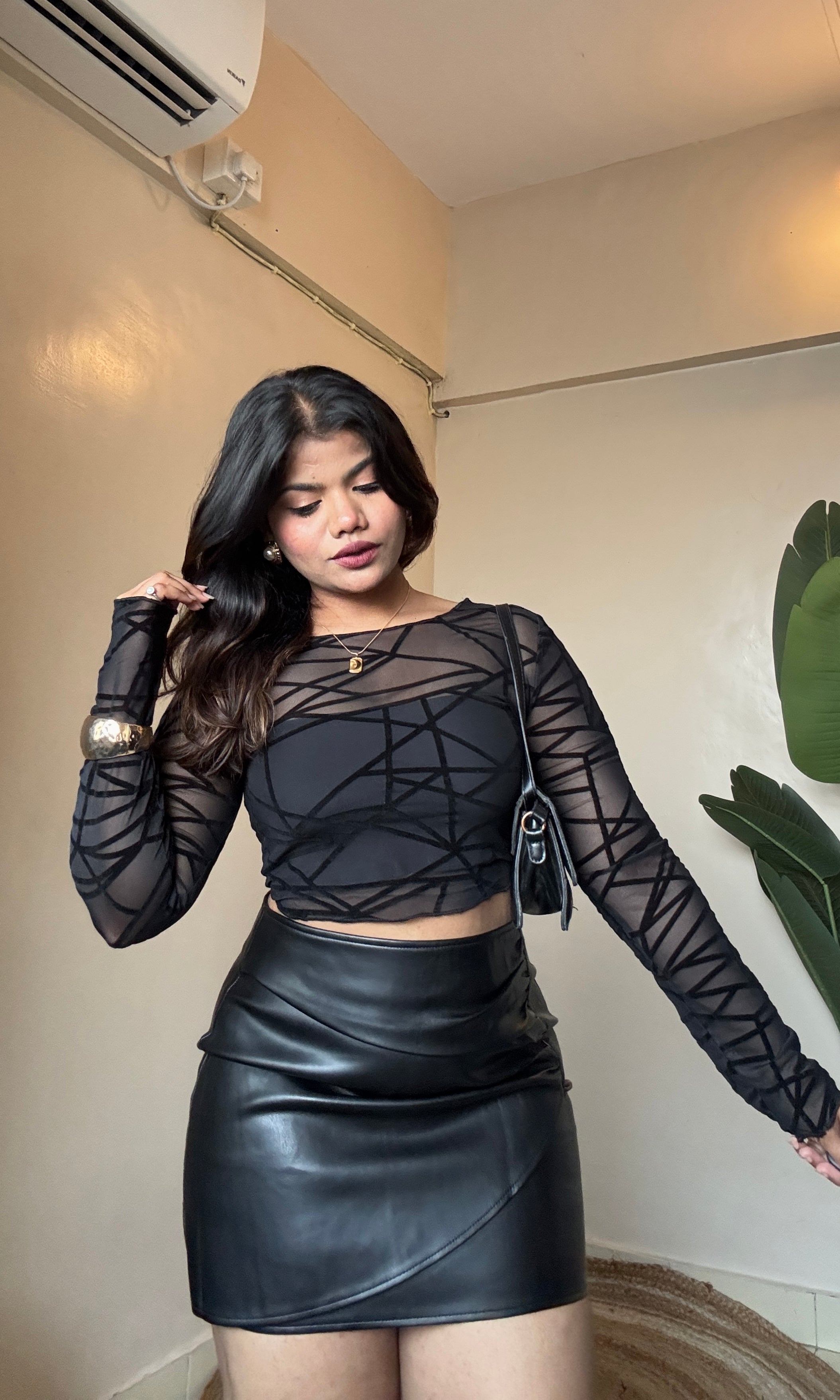 Black Velvet Print Sheer Mesh Top With Inner