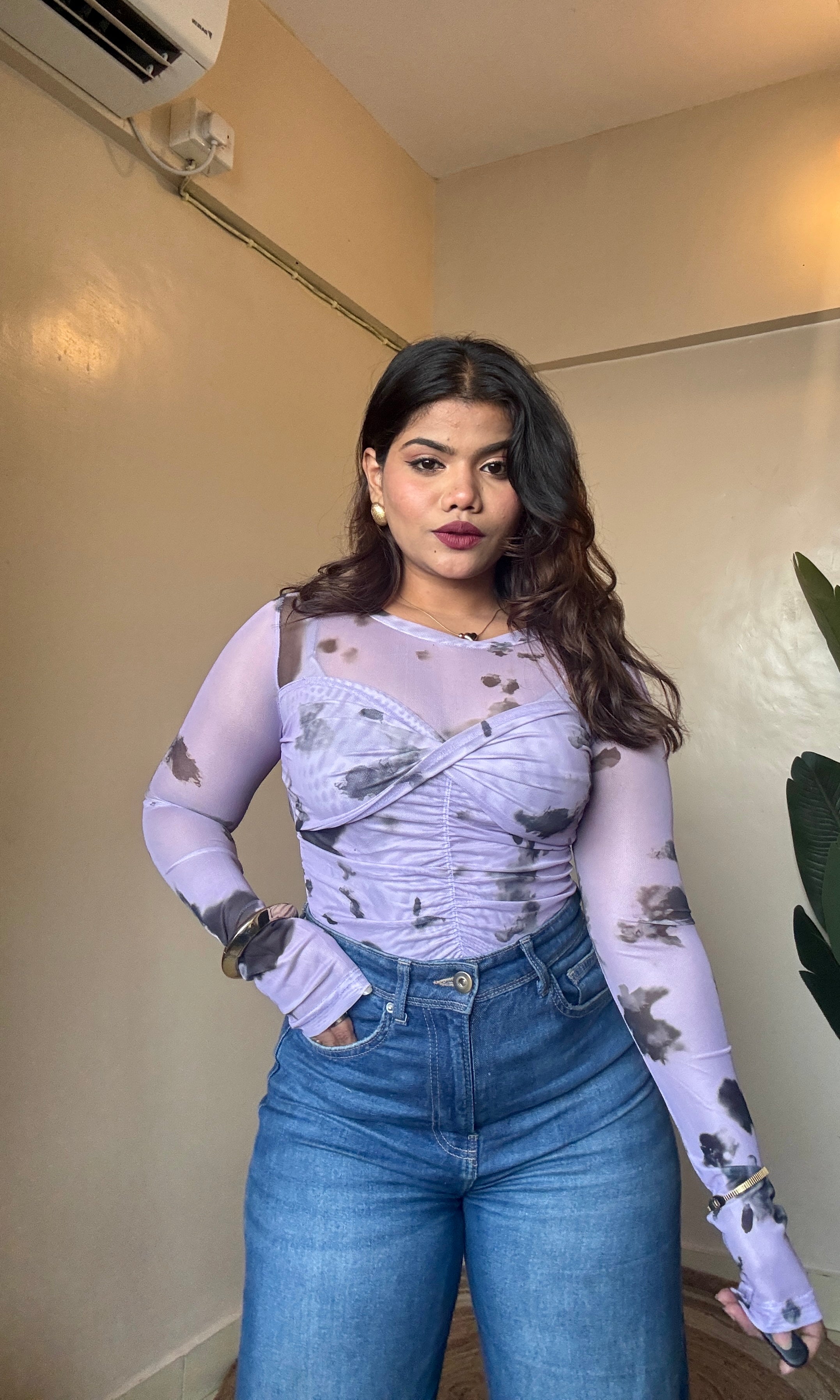 Lavender Twisted Crossover Mesh Top