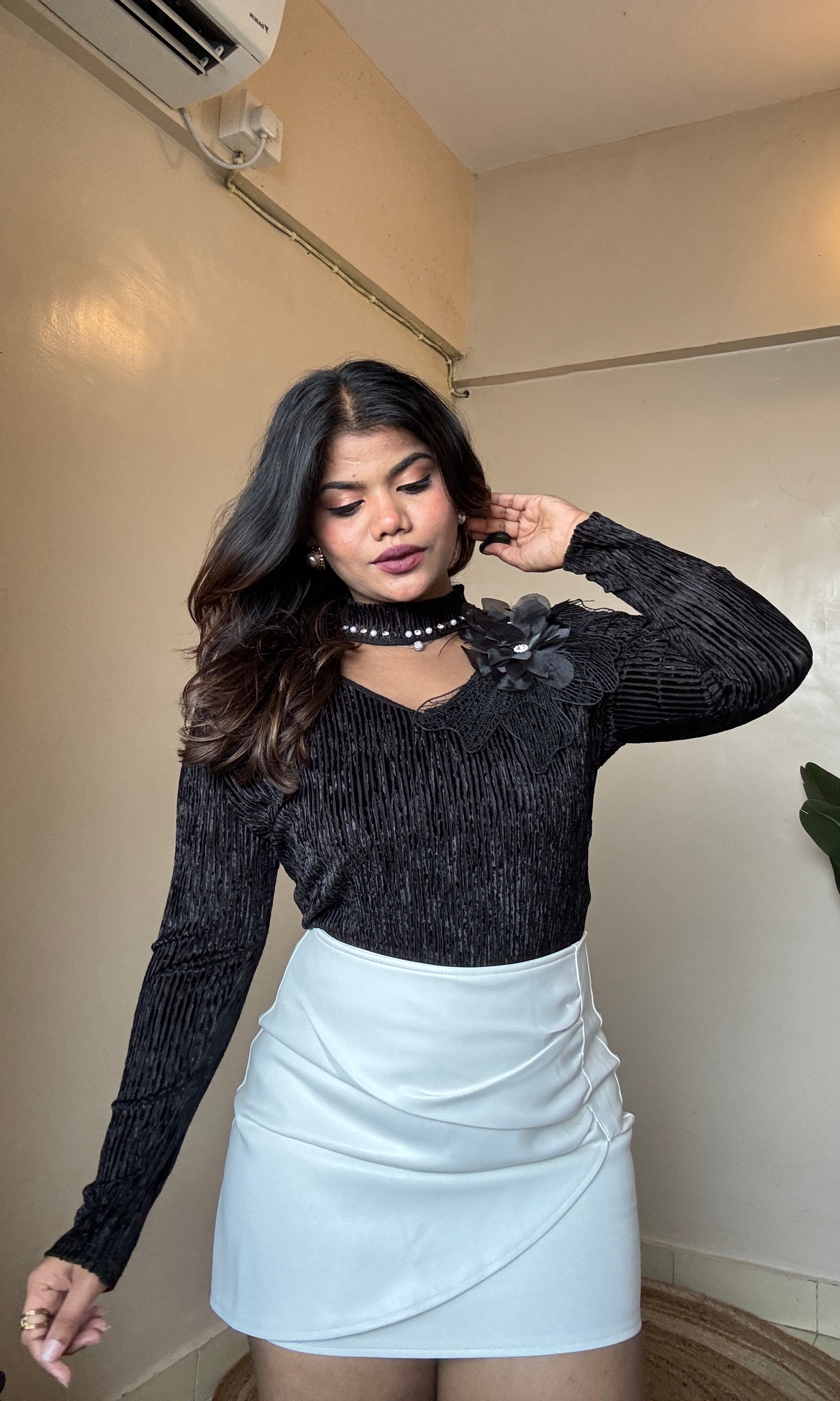 Velvet Flower-Work Mesh Detailing Top